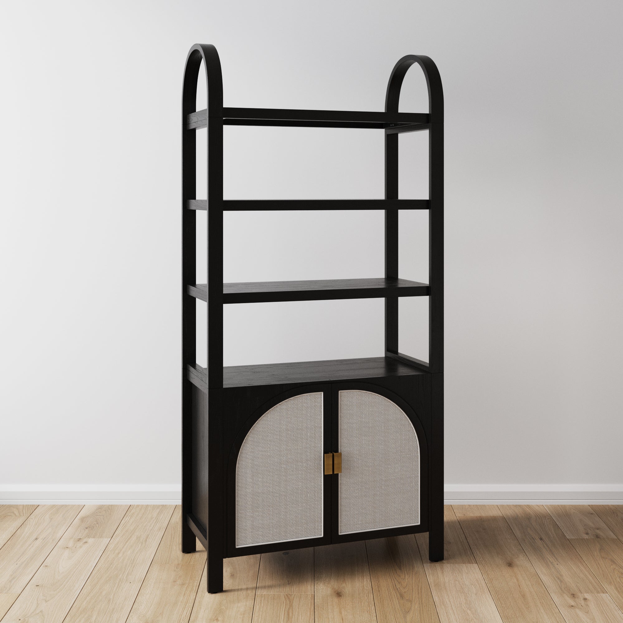 Arched Door Rattan Bookshelf Black Oak