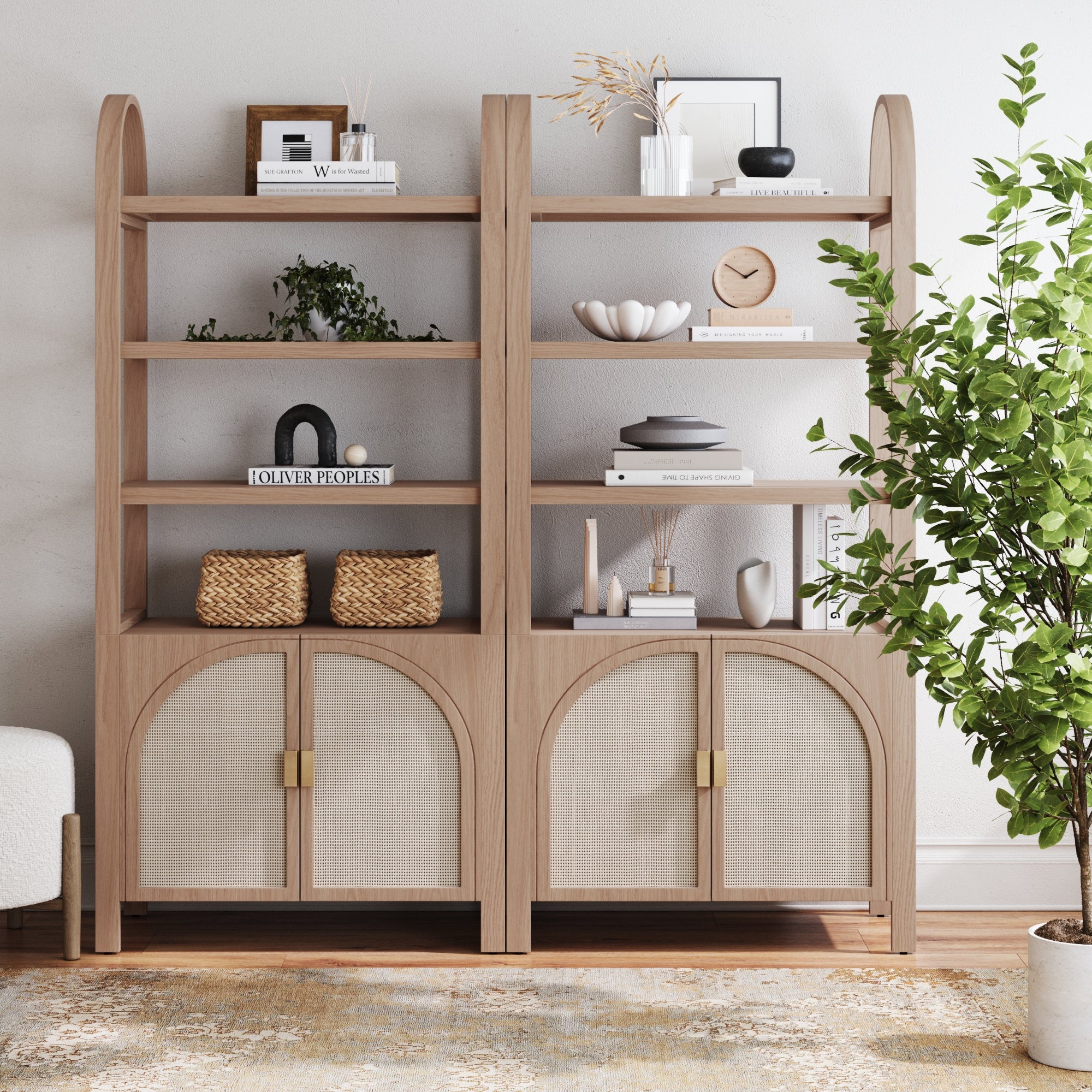 Paxton Arched Door Rattan Bookshelf Raw Oak Set of 2 | Nathan James