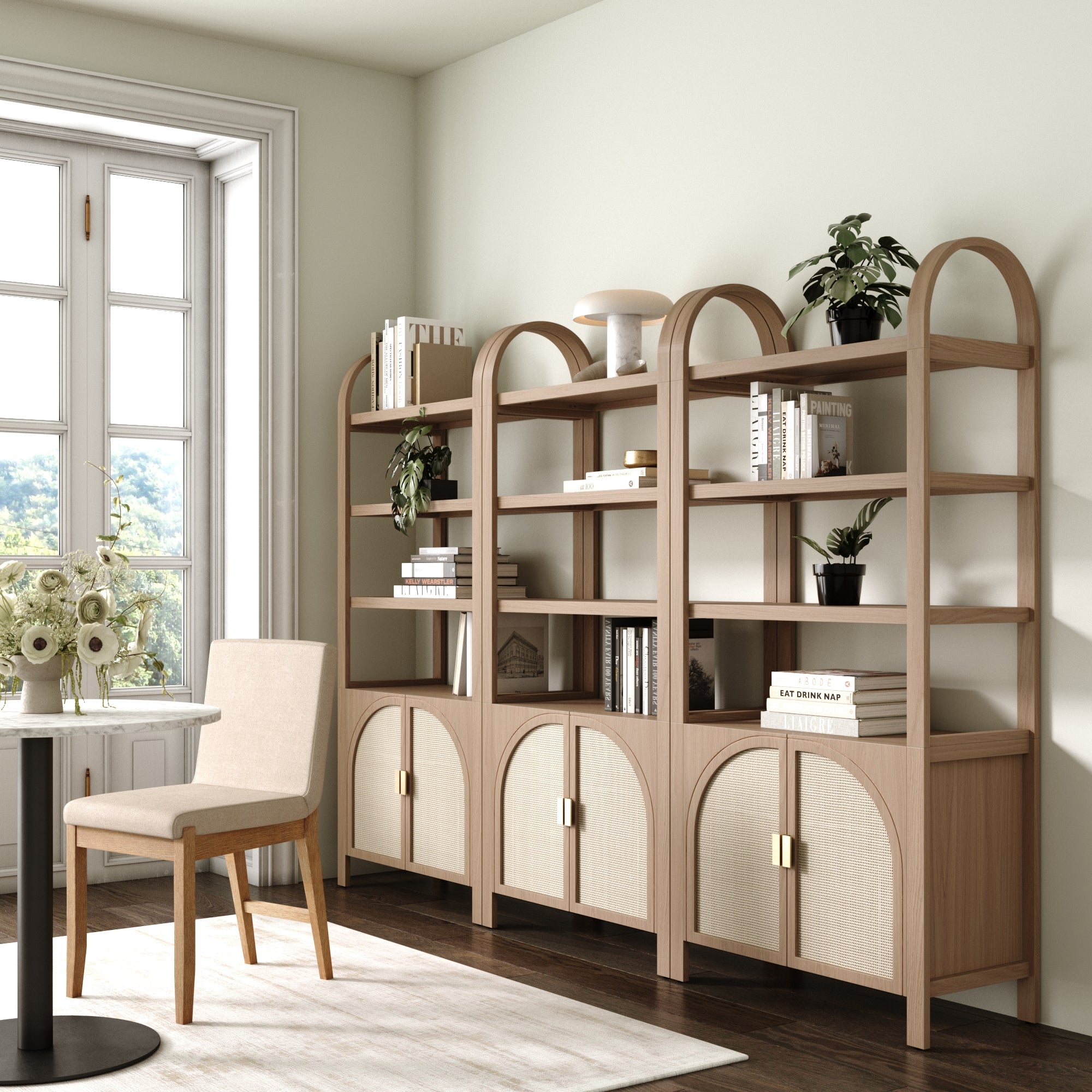 Arched Door Rattan Bookshelf with Doors Raw Oak (Set of 2) - Thumbnail 4