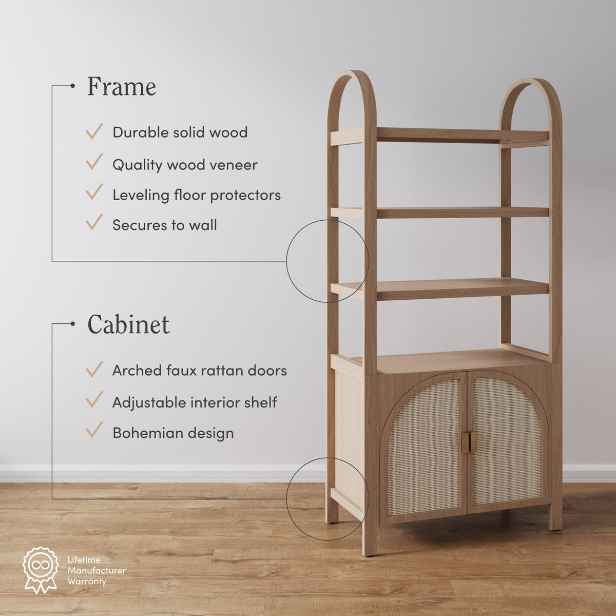 Paxton Arched Door Rattan Bookshelf Raw Oak Set of 2 | Nathan James
