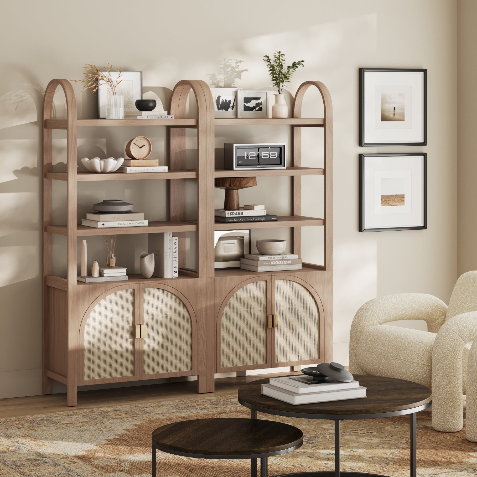 Arched Door Rattan Bookshelf Raw Oak