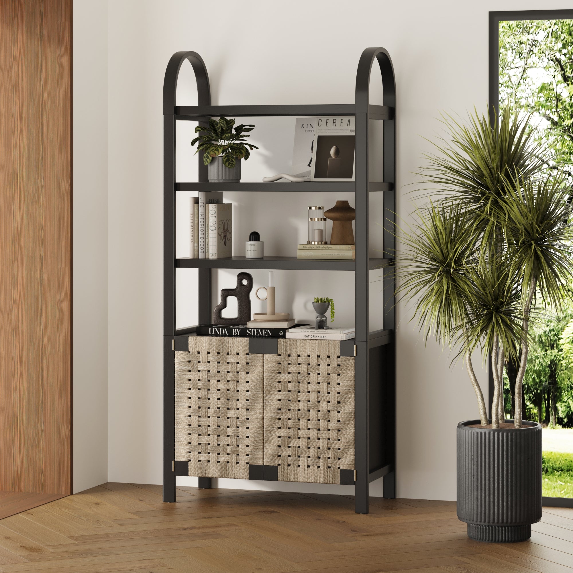 Aerie Boho Woven Seagrass Bookshelf Black | Nathan James