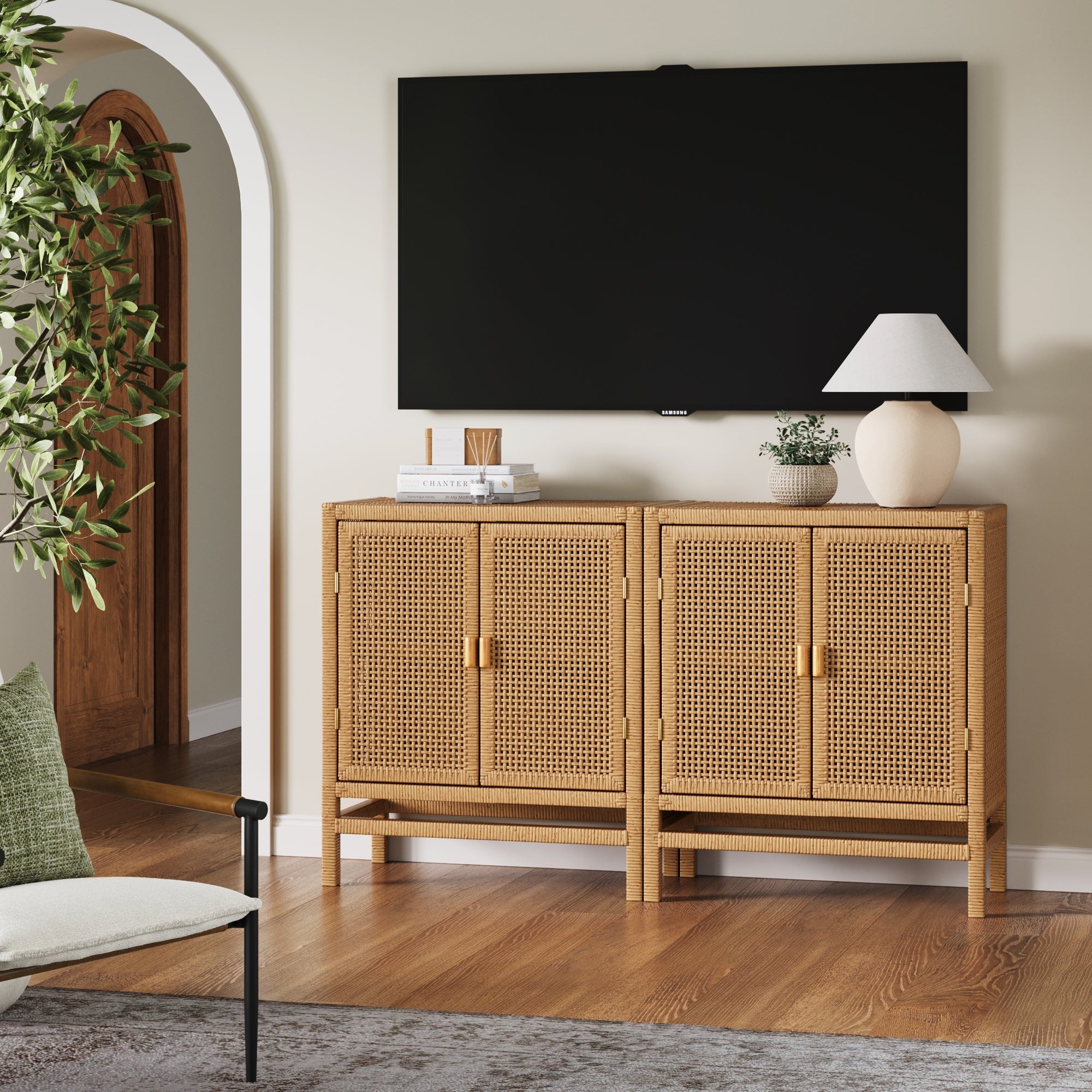 Rattan Wrapped TV Console Credenza Light Golden Oak (Set of 2)