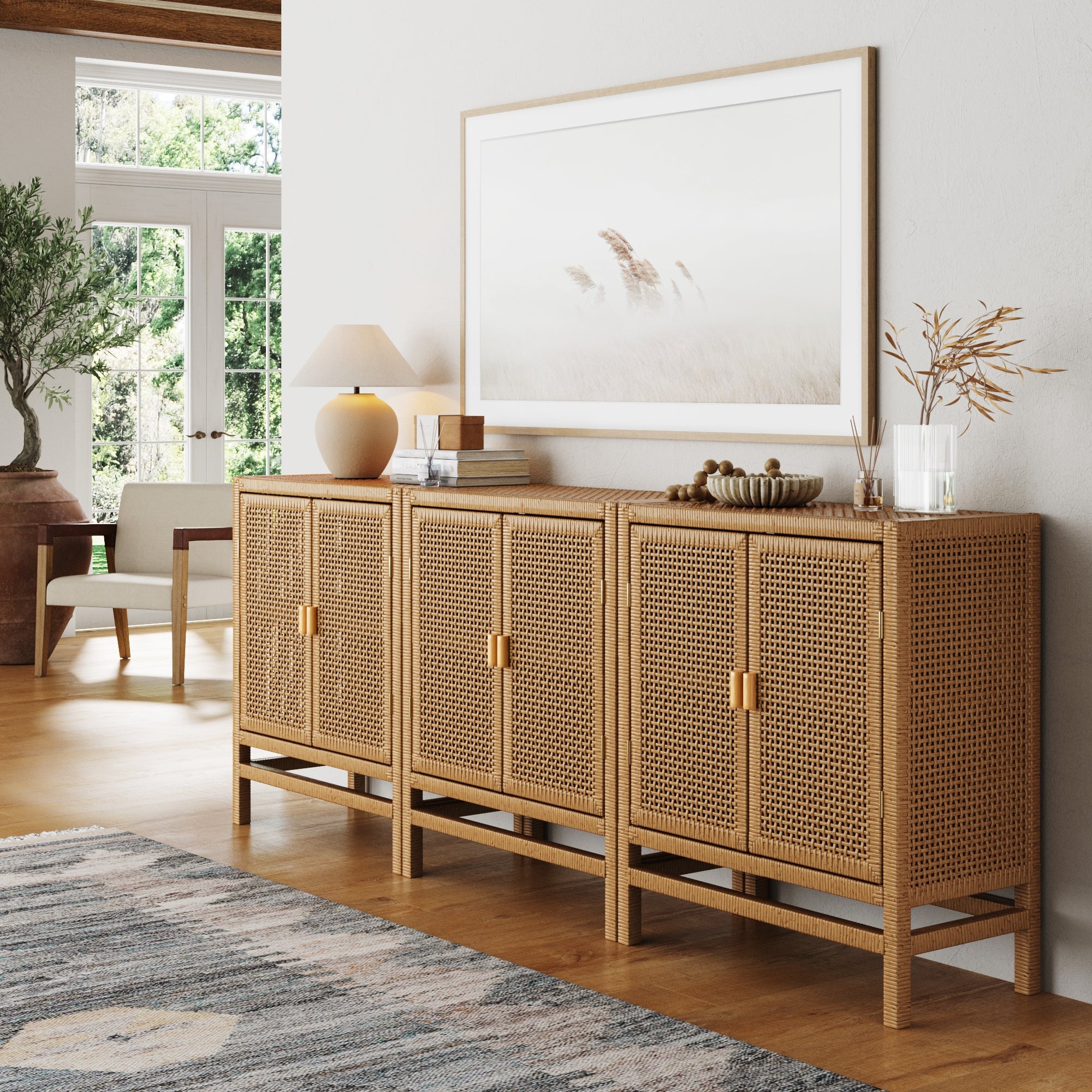 Rattan Wrapped TV Console Credenza Light Golden Oak (Set of 3)