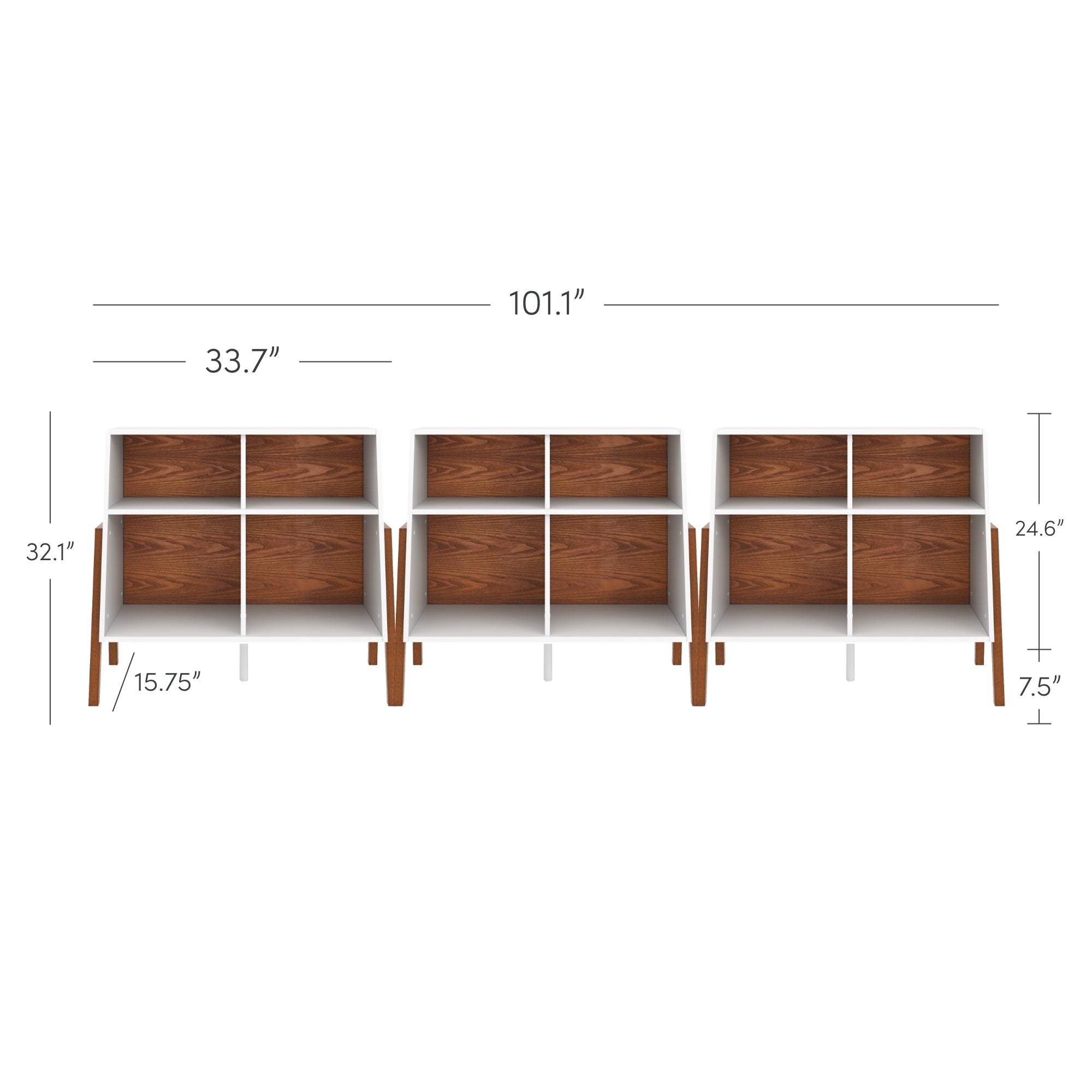 Diagram of three wooden shelving units with four compartments each, shown with measurements: each unit is 33.7 inches wide, 32.1 inches tall, and 15.75 inches deep; total width is 101.1 inches, height to legs is 7.5 inches.