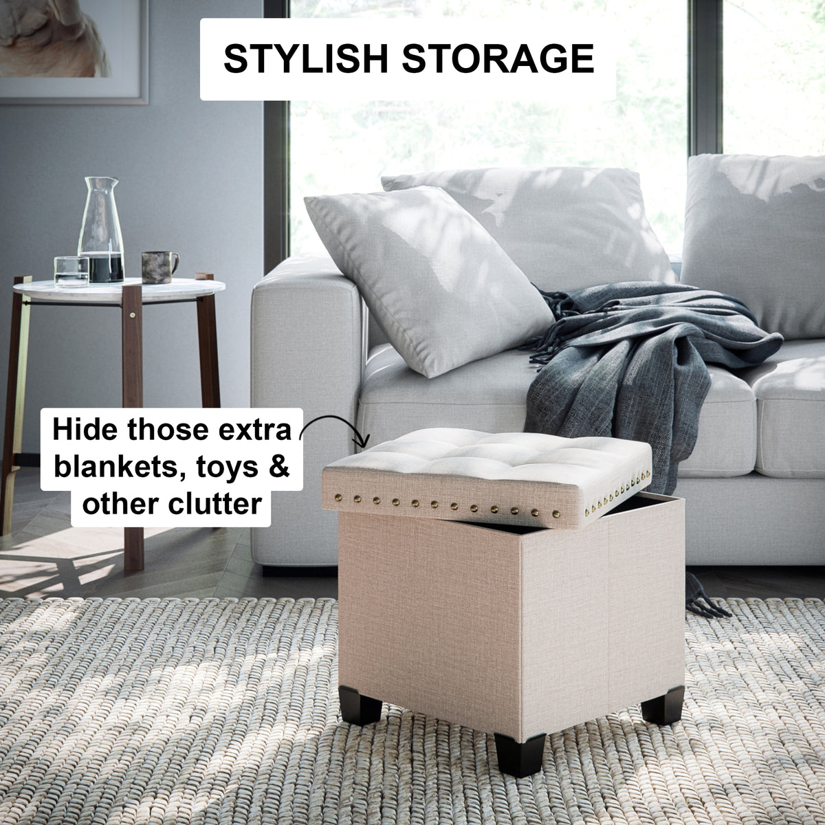 Payton Farmhouse Cream Cube Storage Ottoman with Tray Nathan James