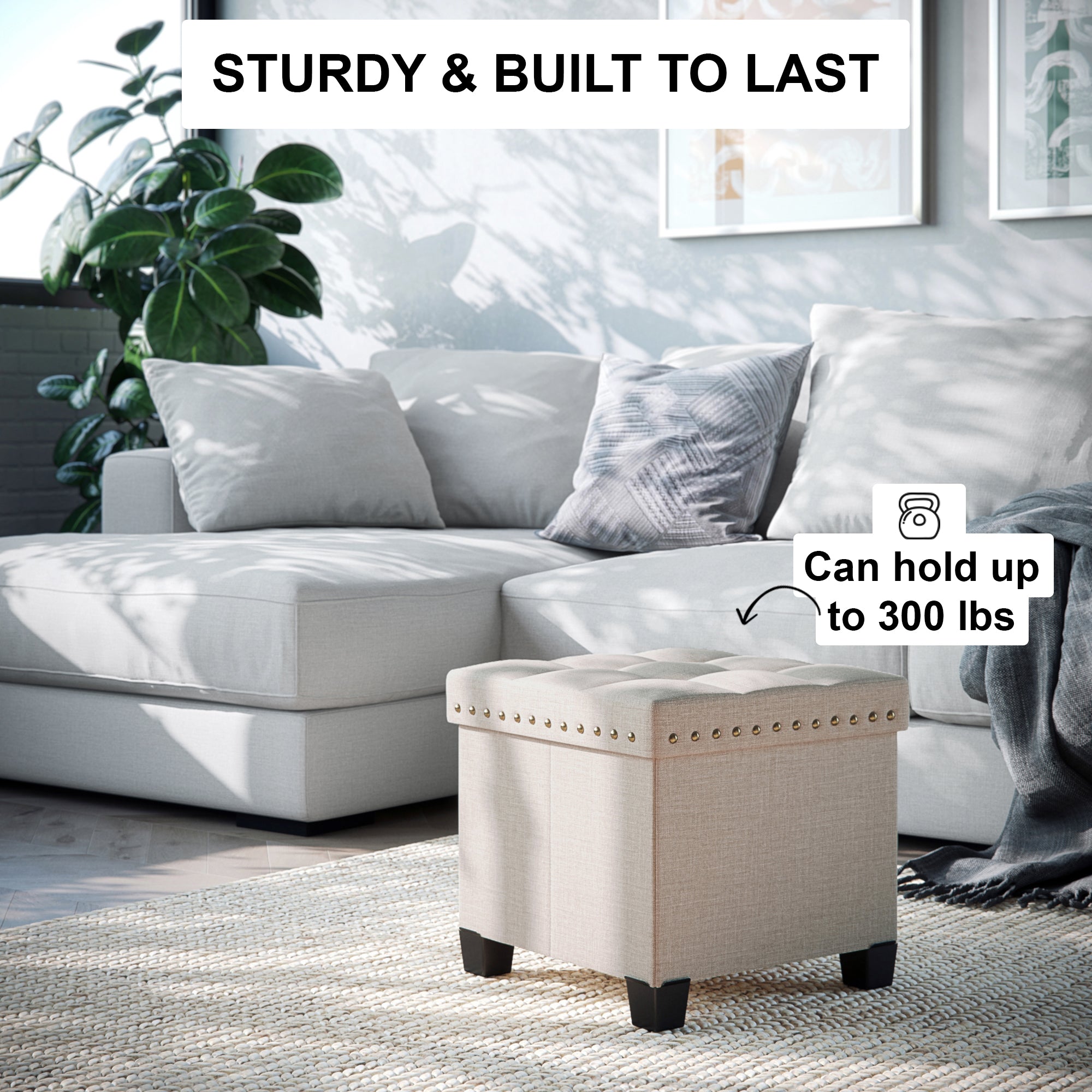 Payton Farmhouse Cream Cube Storage Ottoman with Tray Nathan James