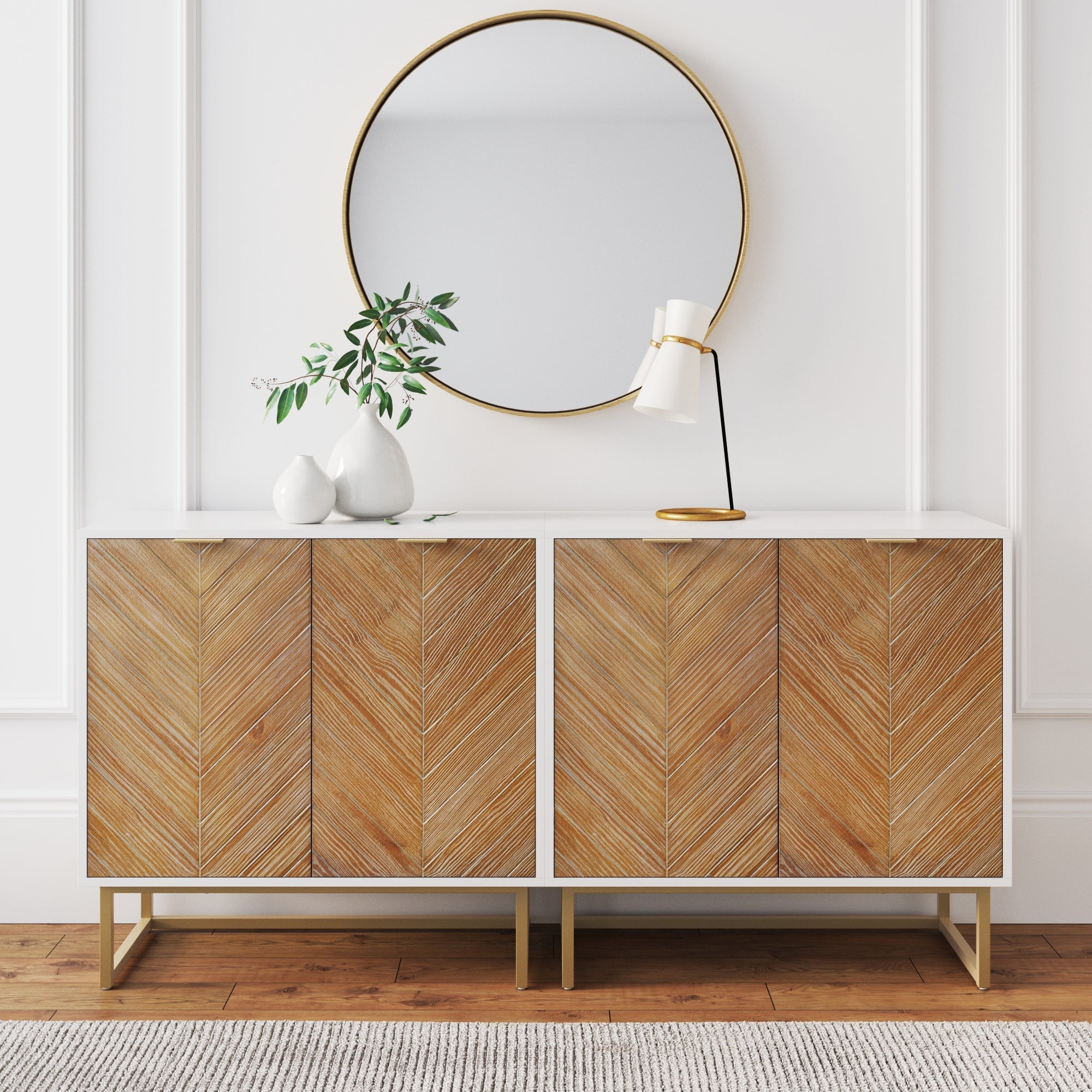 Herringbone TV Console Credenza White (Set of 3)