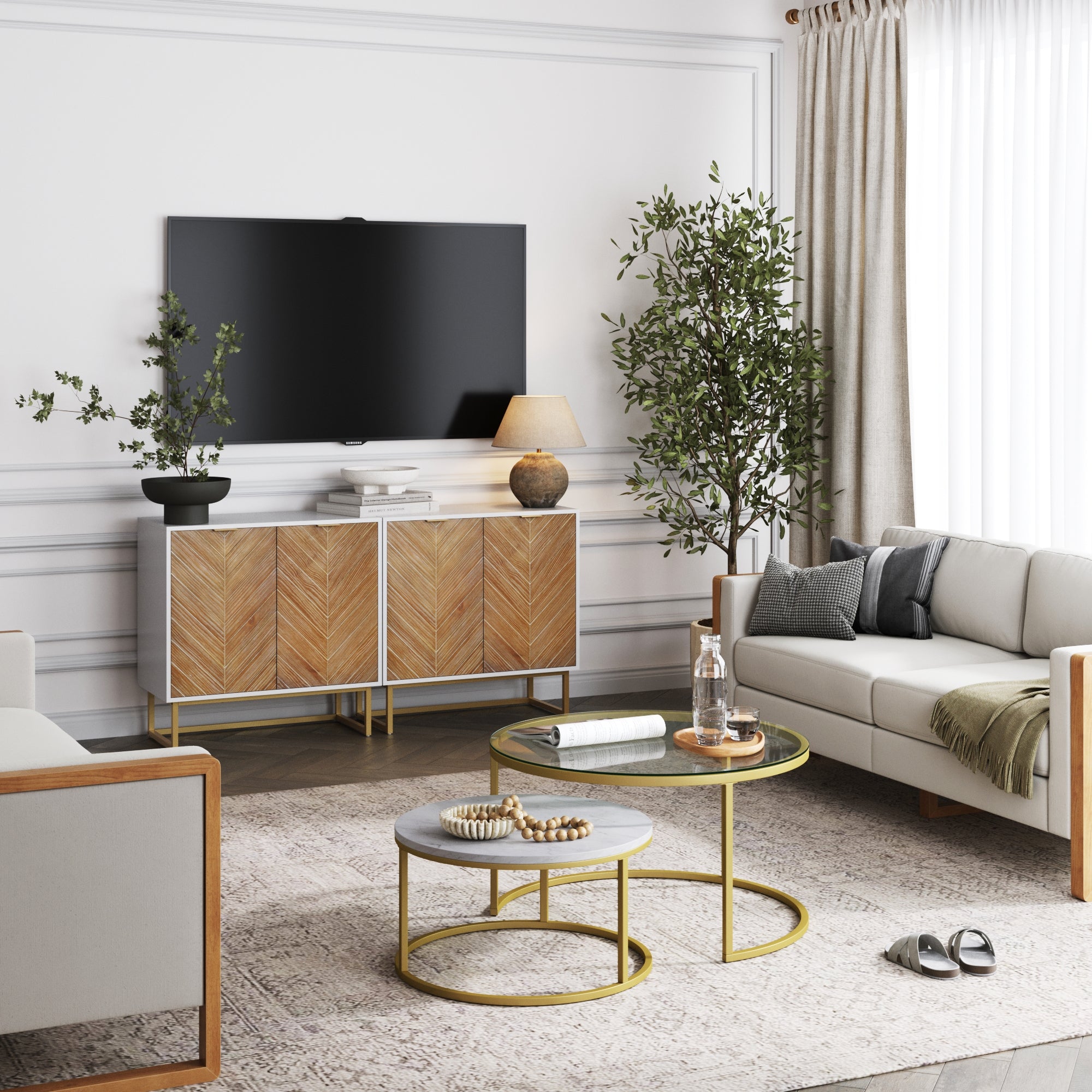 Wood Herringbone TV Console Credenza - Thumbnail 4