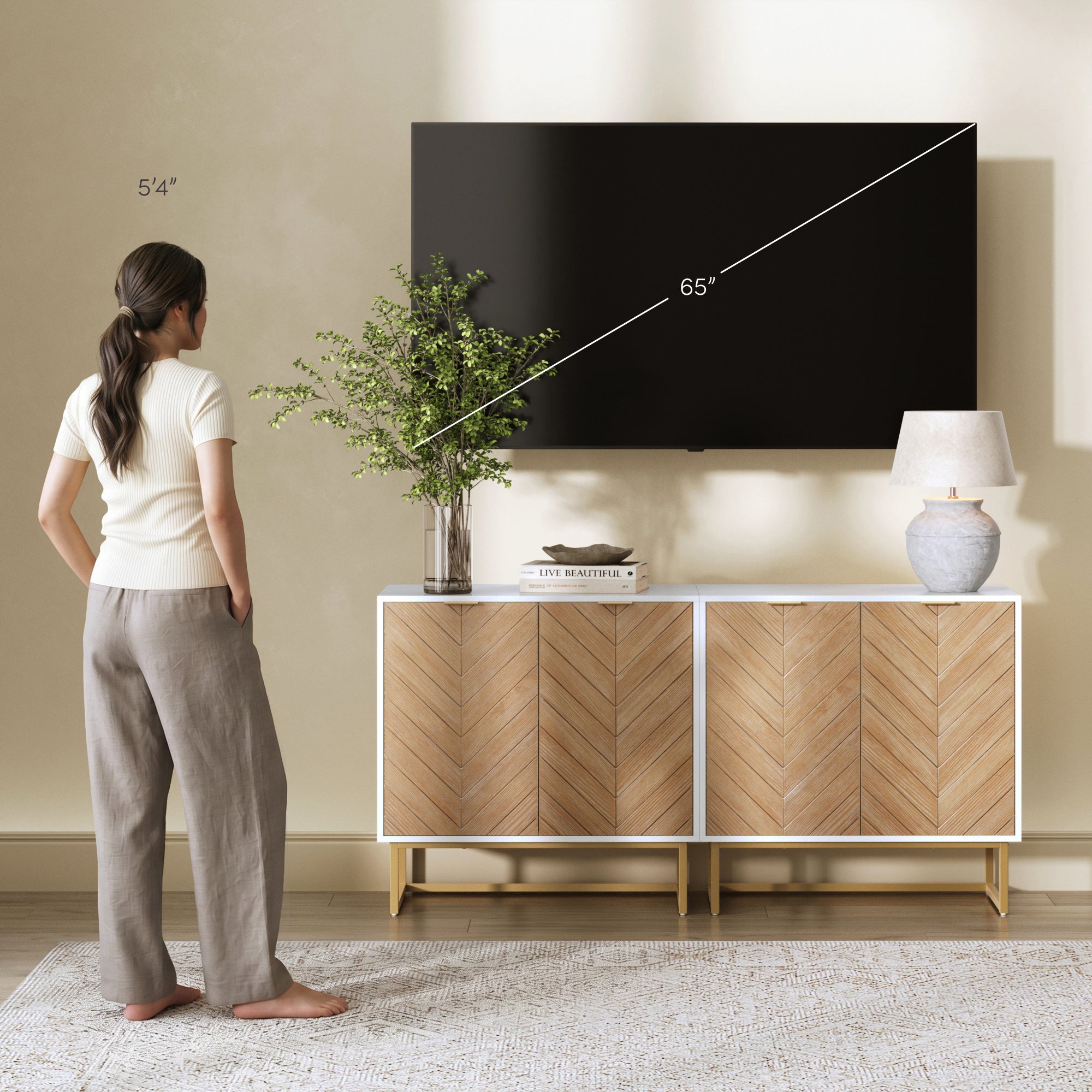 Wood Herringbone TV Console for TVs up to 65" Natural Wash/White - Nathan James