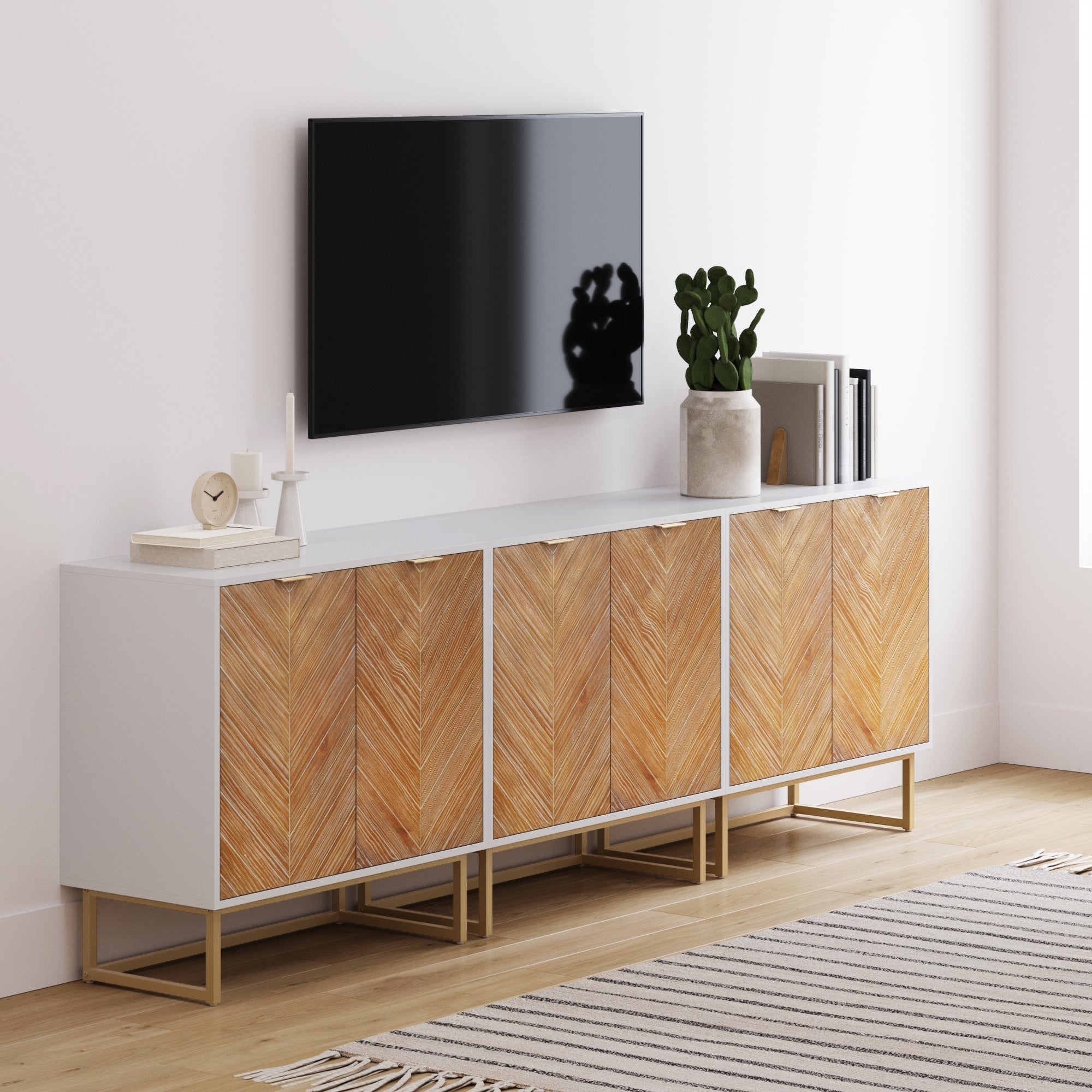 Wood Herringbone TV Cabinet White