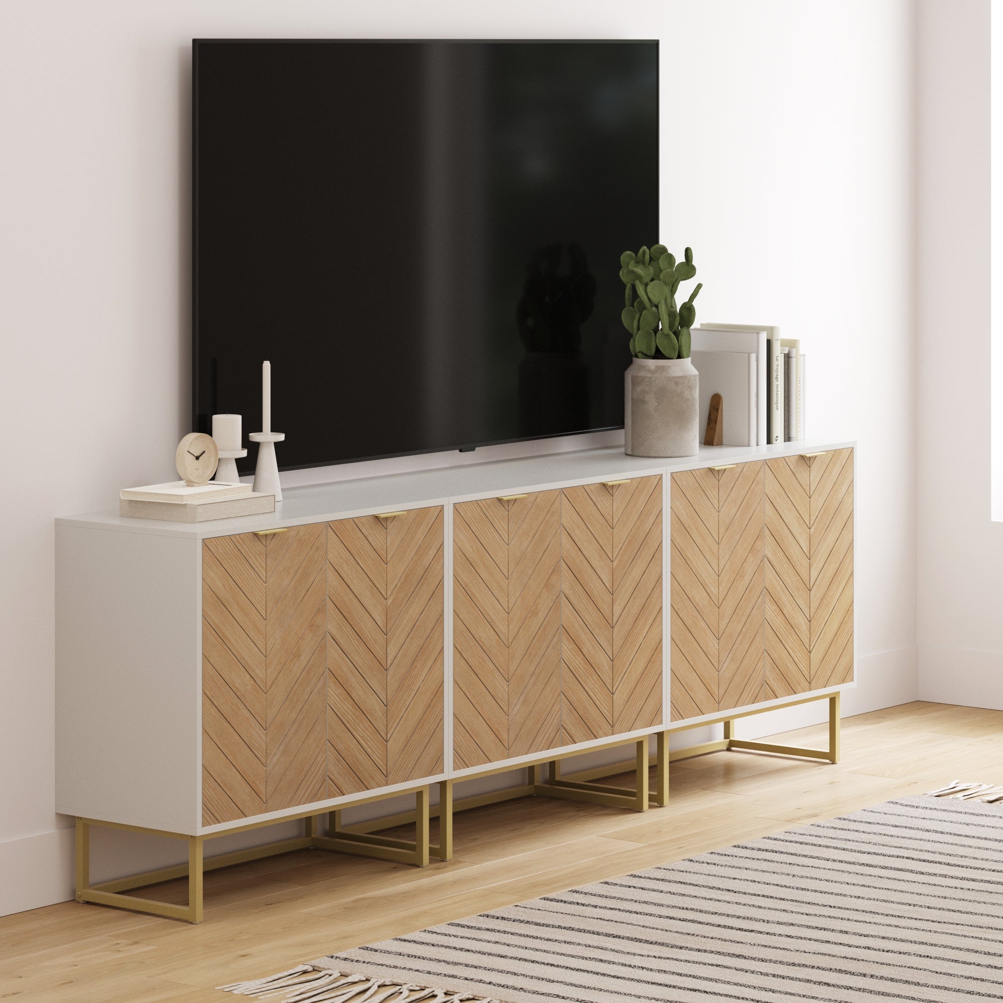Wood Herringbone TV Console for TVs up to 75" Natural Wash/White - Nathan James