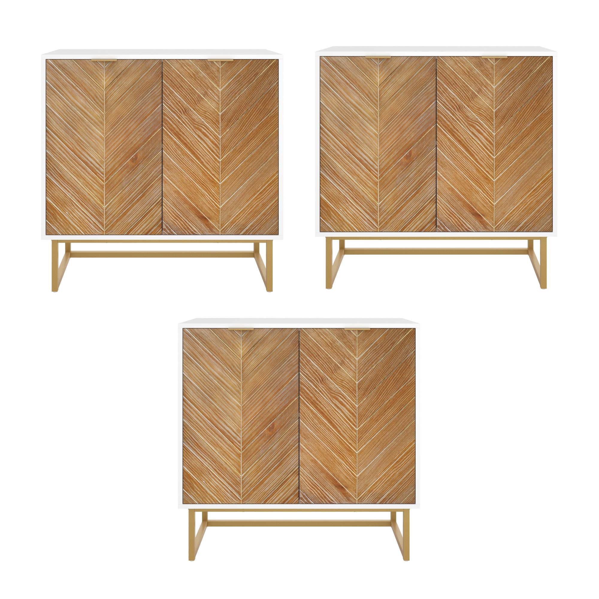 Three identical wooden cabinets with chevron-patterned doors, white frames, and light wood bases arranged in a triangular layout on a white background.