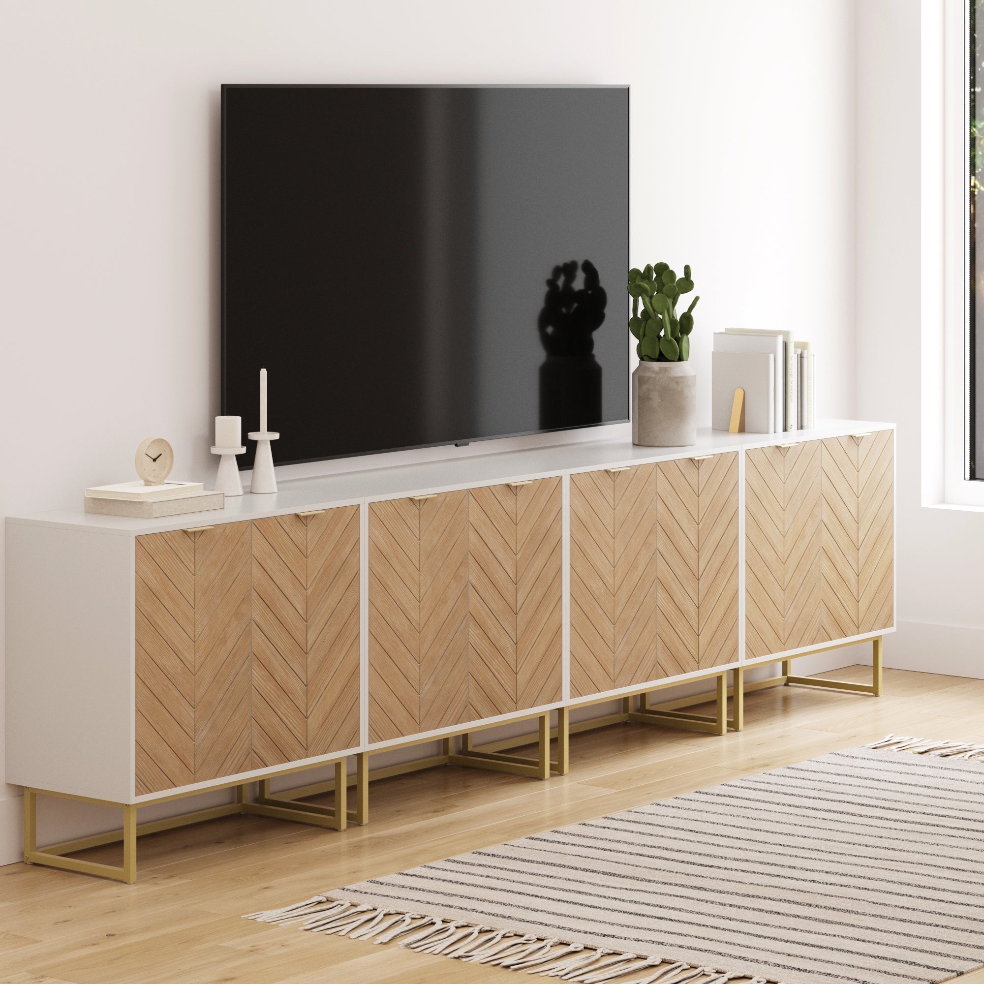 Wood Herringbone TV Console for TVs up to 100" Natural Wash/White - Nathan James