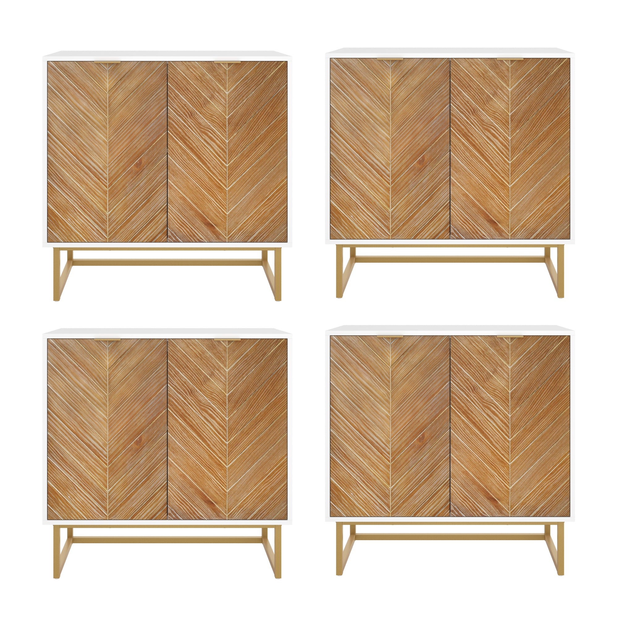 Four identical wooden cabinets with chevron-patterned front doors and light-colored frames, arranged in a two-by-two grid on a white background.