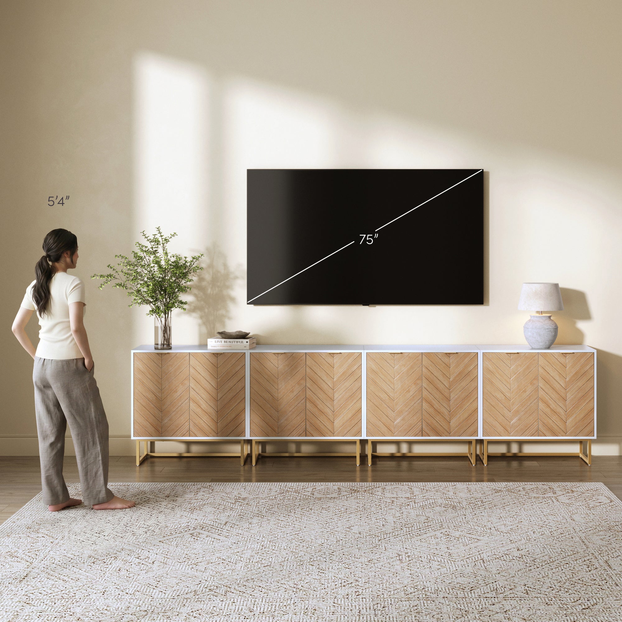Wood Herringbone TV Console for TVs up to 100" Natural Wash/White - Nathan James
