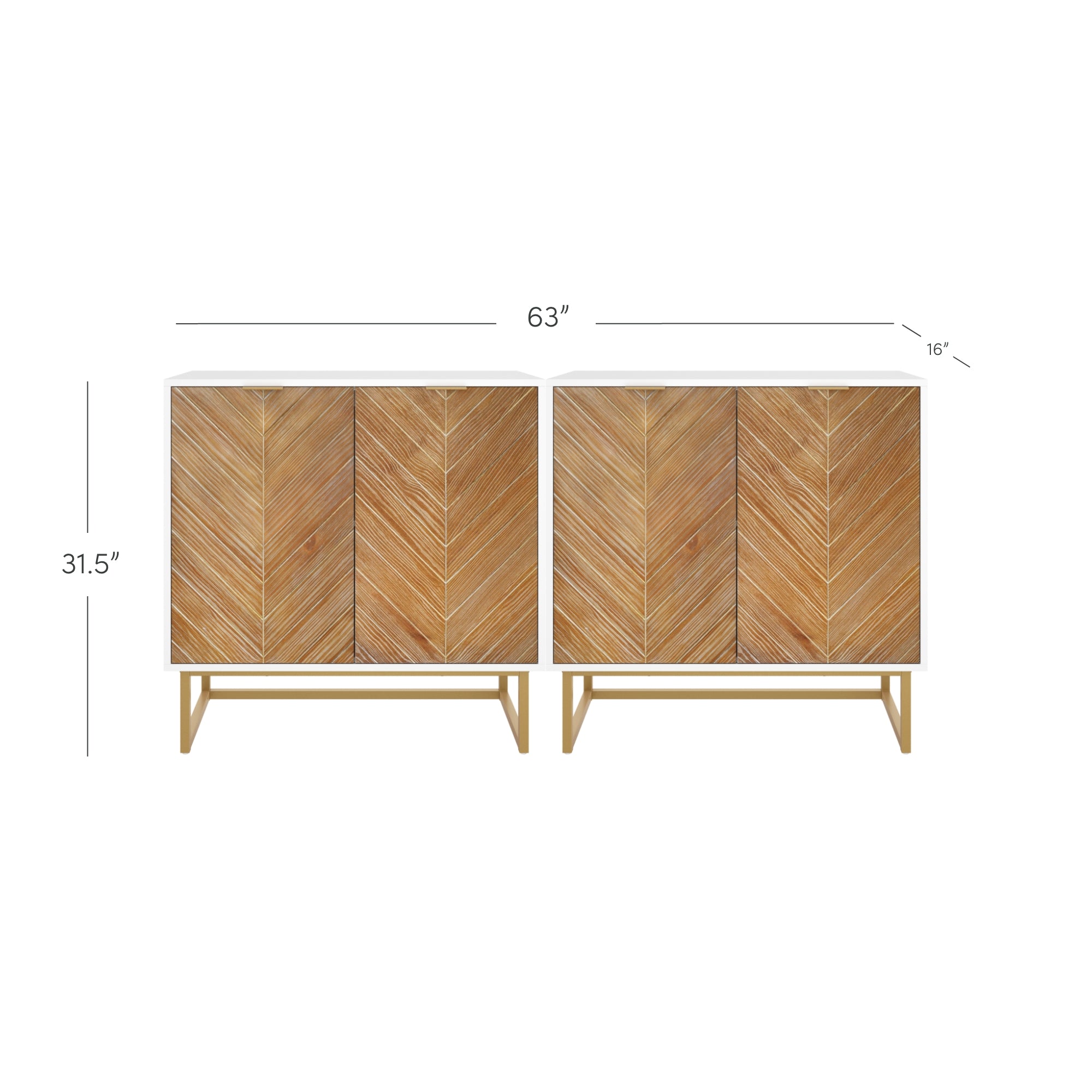 A wooden cabinet with chevron-patterned doors, white frame, and slim legs. Dimensions are 63 inches wide, 31.5 inches high, and 16 inches deep.