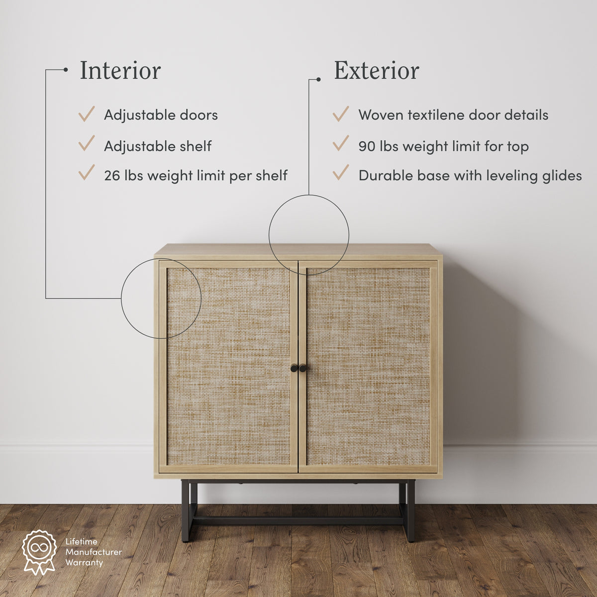 Boho Kova Rattan Wood Light Oak Cabinet Metal Base | Nathan James