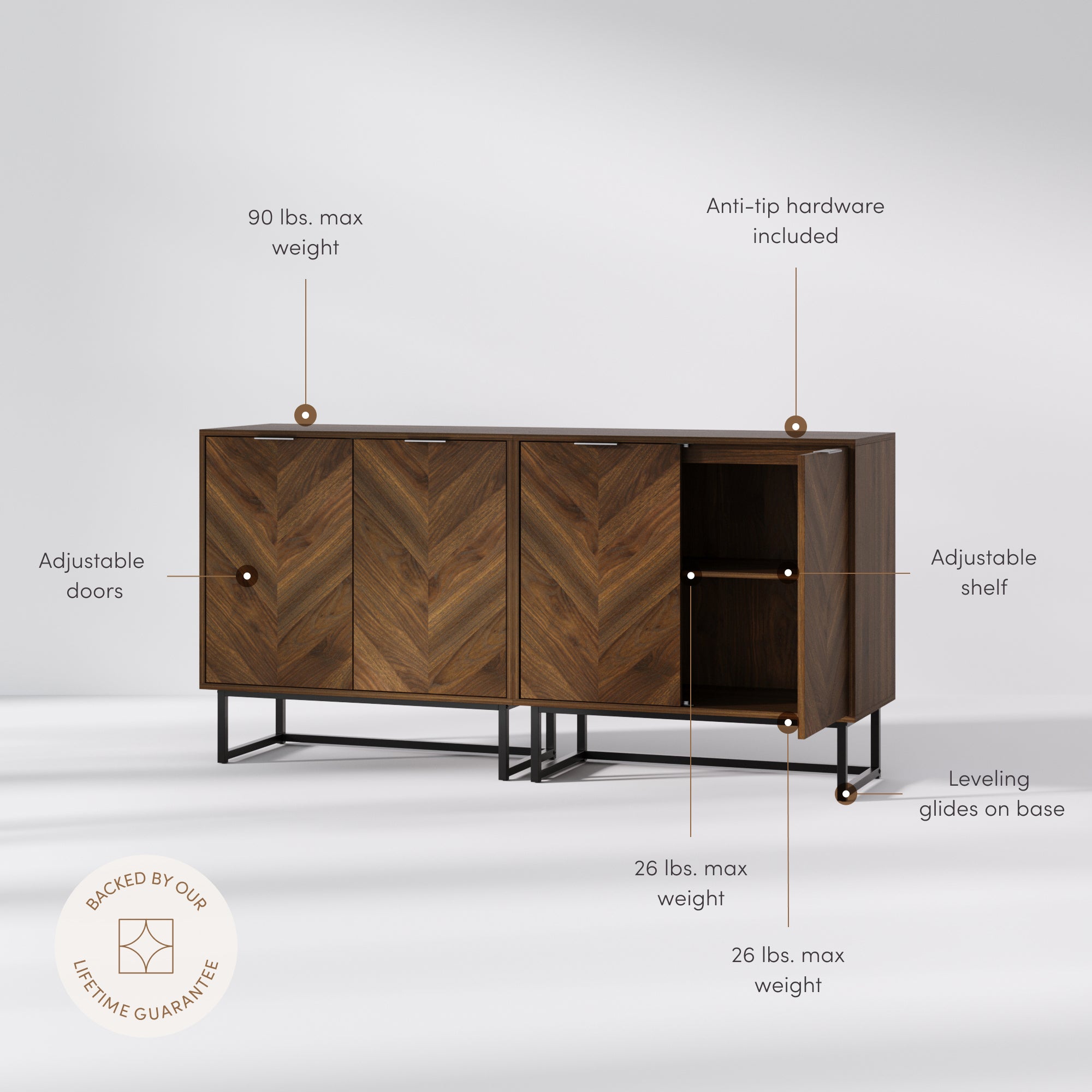 Enloe Credenza Walnut Wood Herringbone Set of 2 | Nathan James