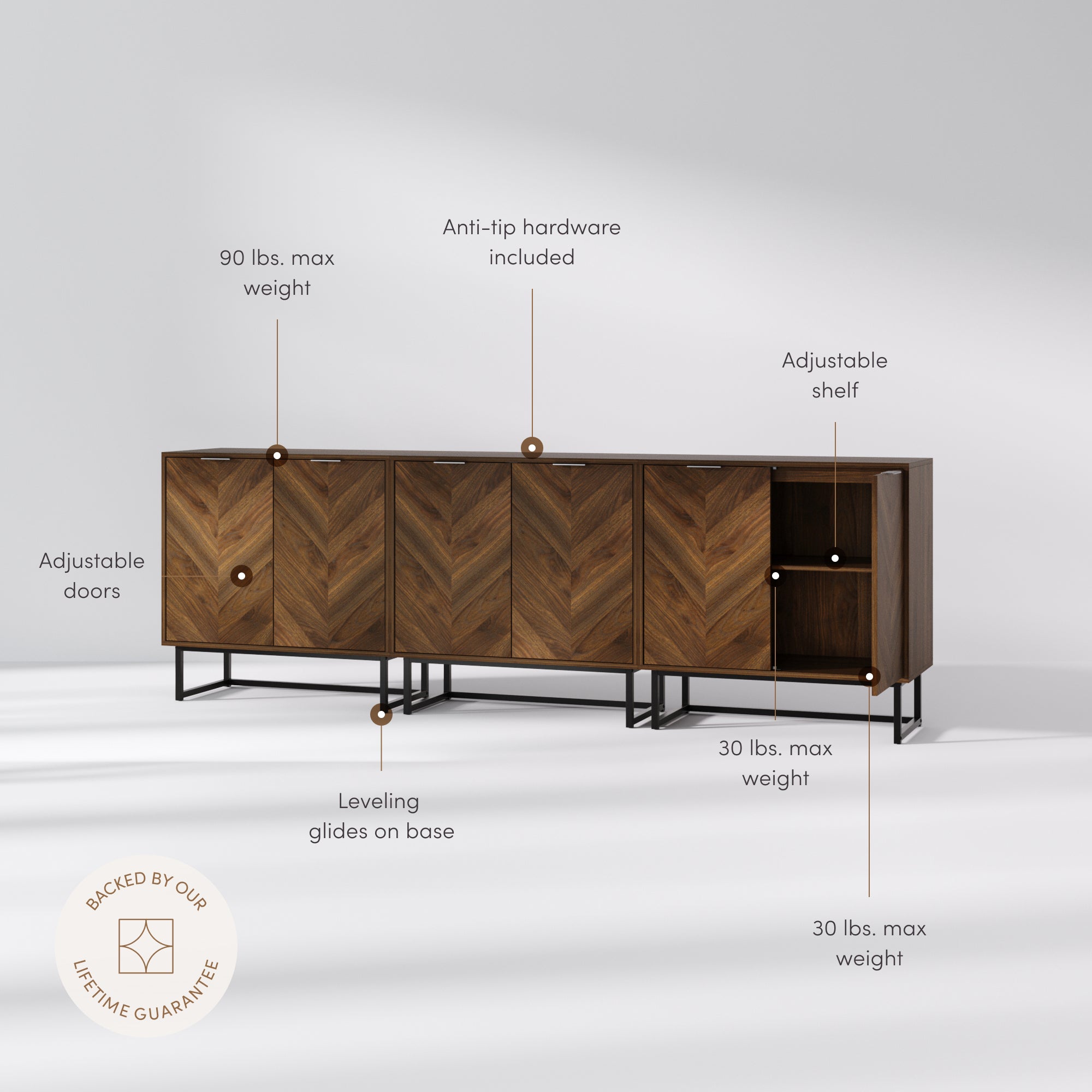 Enloe Credenza Walnut Herringbone Set of 3 | Nathan James