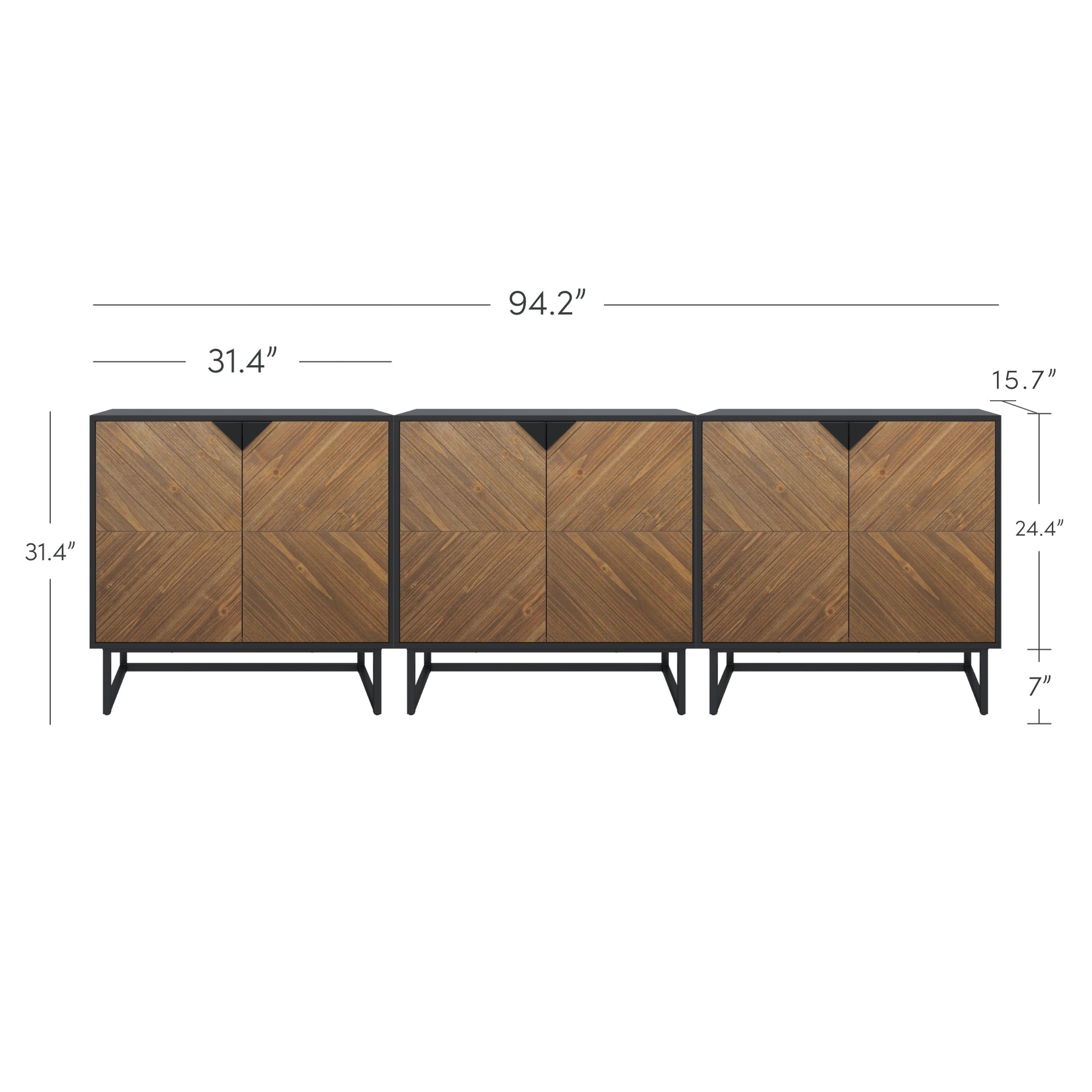 Modern wooden sideboard with three sections, geometric chevron-patterned doors, black frame and legs. Dimensions: 94.2 wide, 31.4 tall, each section 31.4 wide, 15.7 and 24.4 depth options, 7 leg height.
