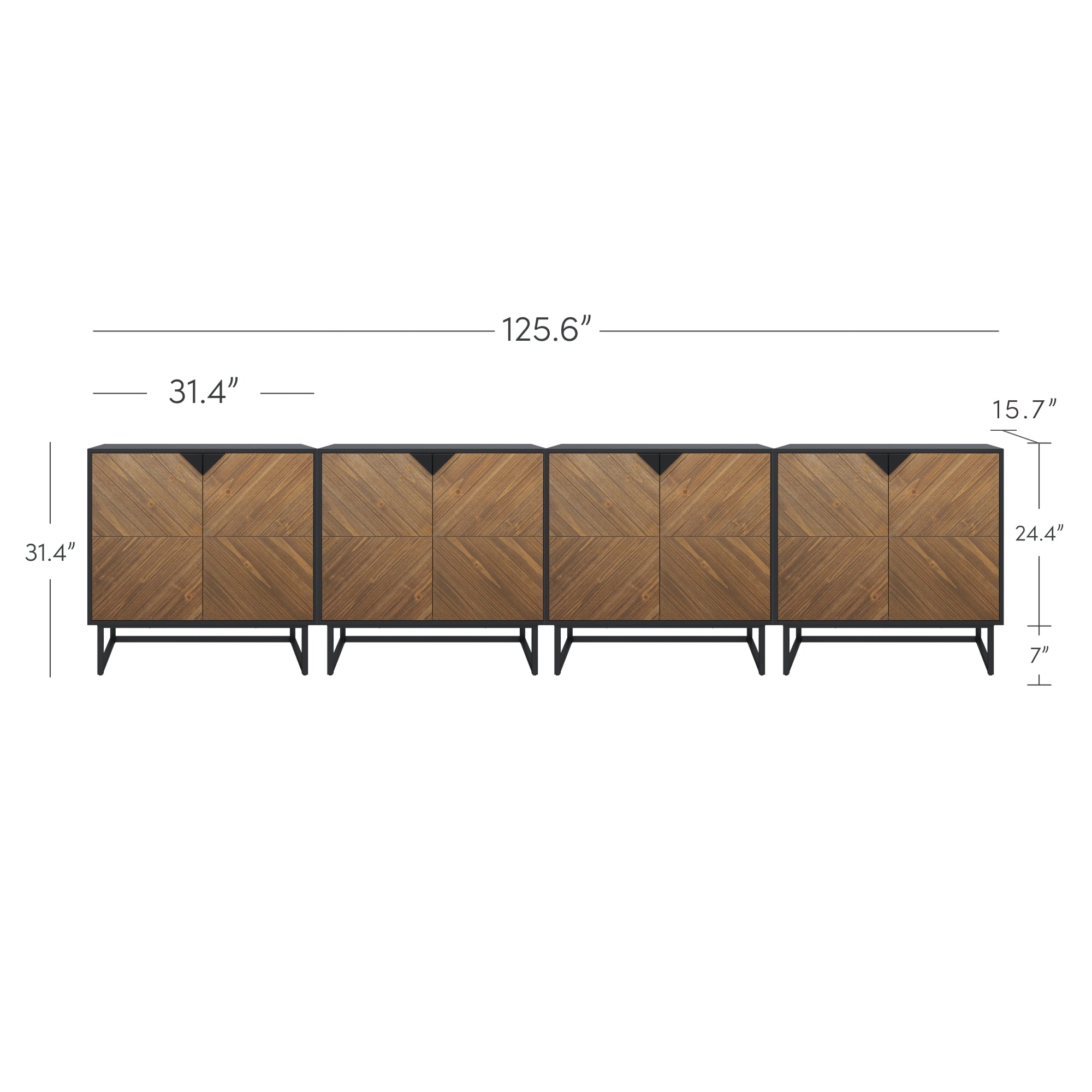 Long wooden cabinet with four sections, black metal legs, and geometric-patterned doors. Dimensions shown: 125.6 wide, 31.4 deep, 31.4 high, doors 15.7 wide, and legs 7 tall.