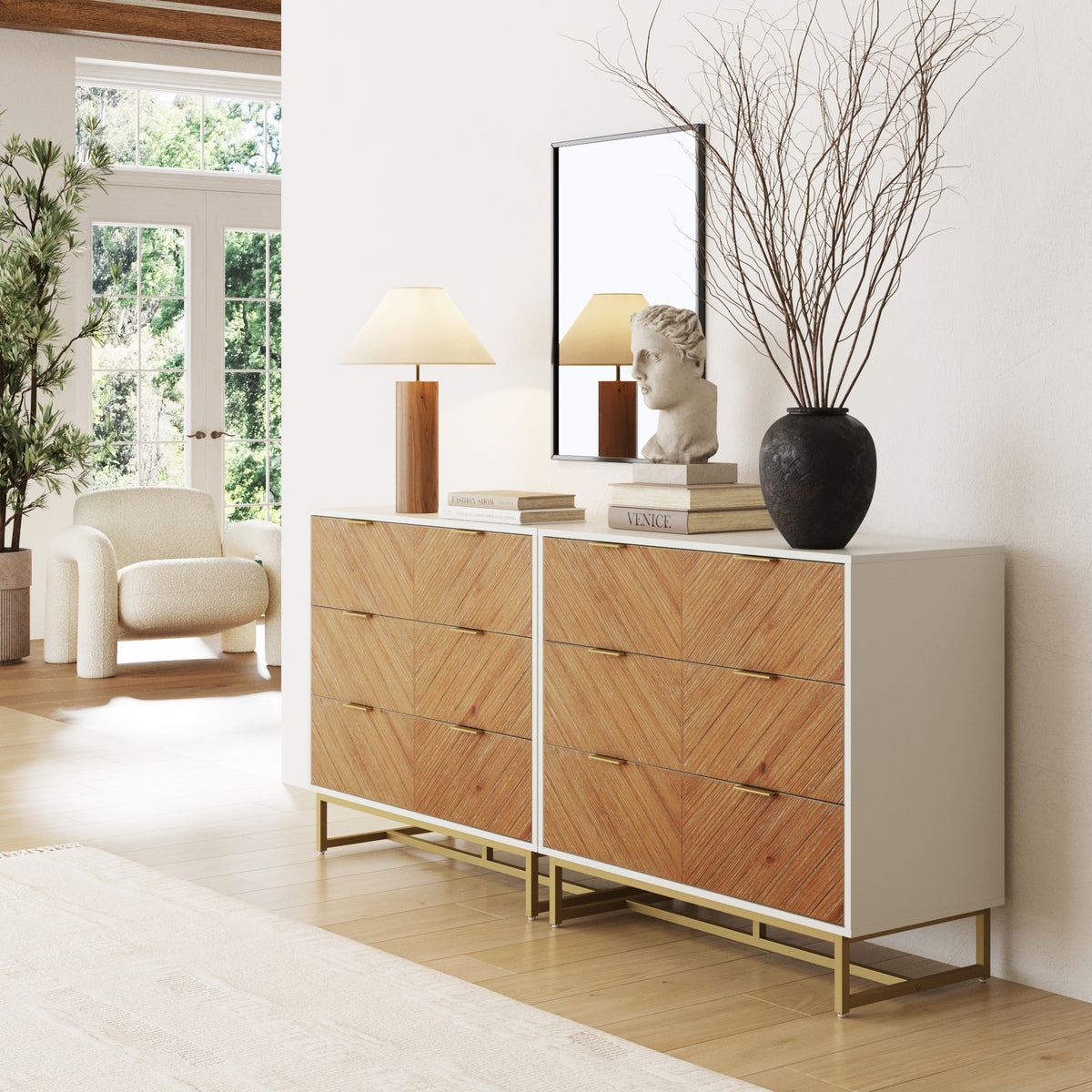 Boho Herringbone 3-Drawer Dresser White (Set of 2) Boho Herringbone 3-Drawer Dresser White (Set of 2)