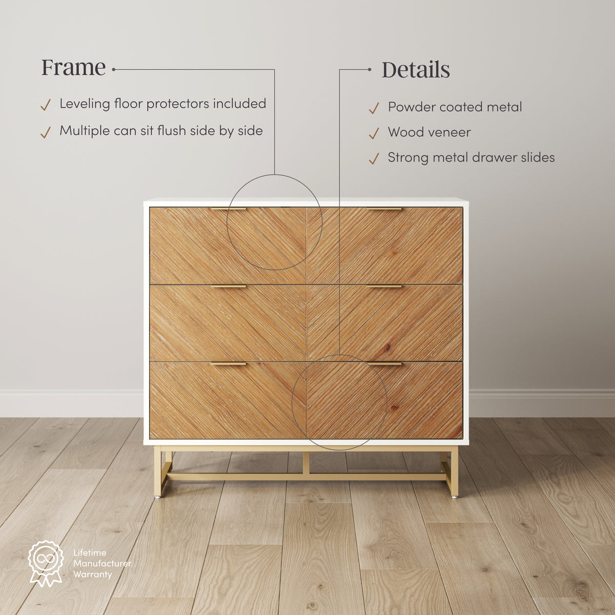 Enloe Boho Herringbone 3-Drawer Dresser White