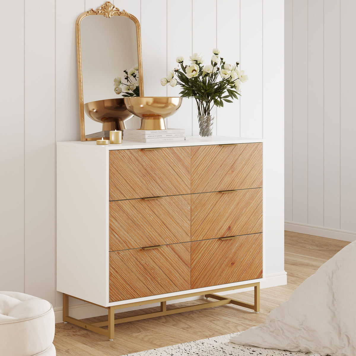 Boho Herringbone 3-Drawer Dresser White Boho Herringbone 3-Drawer Dresser White