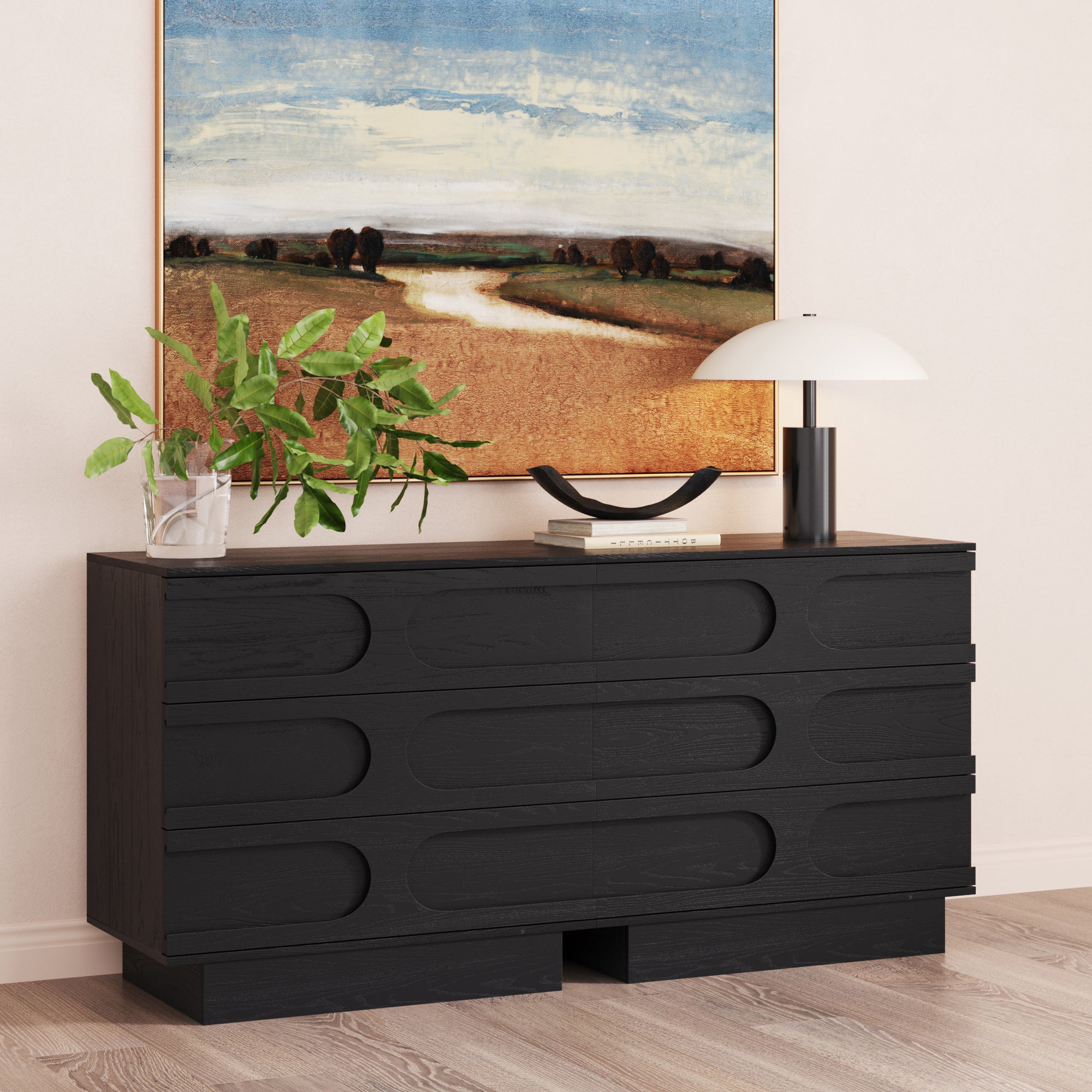 Mid-Century 3-Drawer Arched Dresser Black Oak (Set of 2)