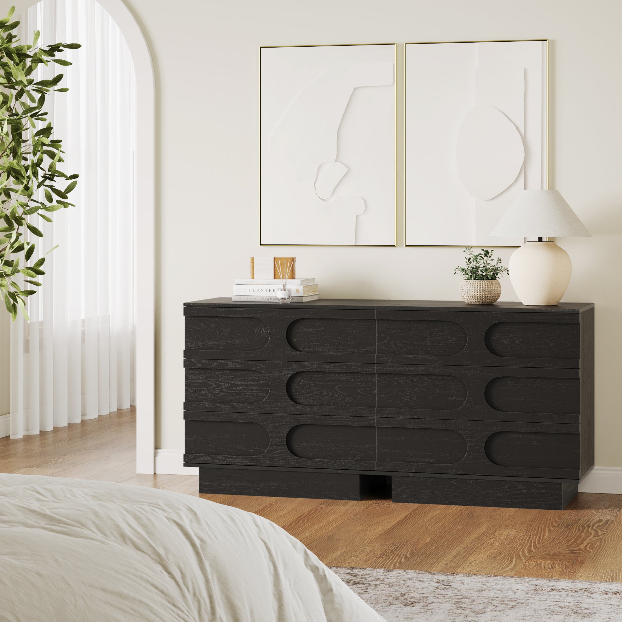 Mid-Century 3-Drawer Arched Dresser Black Oak (Set of 2)