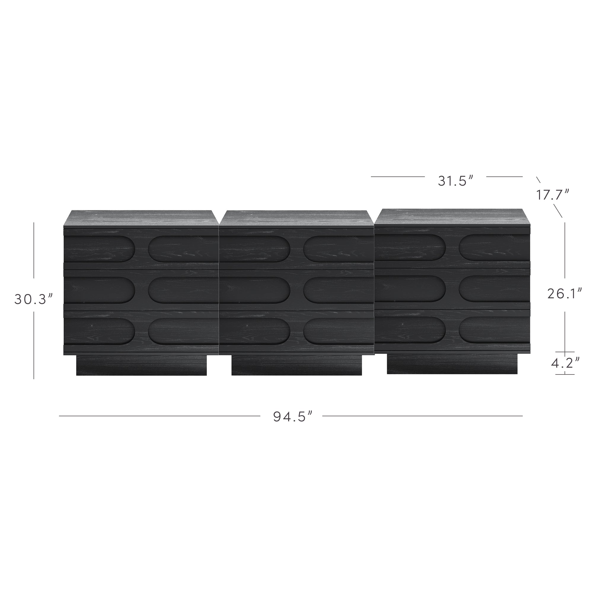 A black, three-section modern cabinet with curved rectangular patterns on the doors. The overall width is 94.5 inches, height is 30.3 inches, and depth is 17.7 inches. Section and base dimensions are labeled.