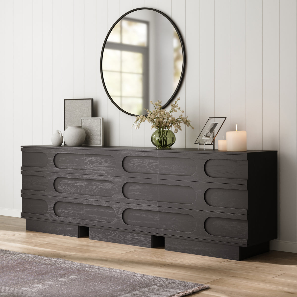 Mid-Century 3-Drawer Arched Dresser Black Oak (Set of 3)
