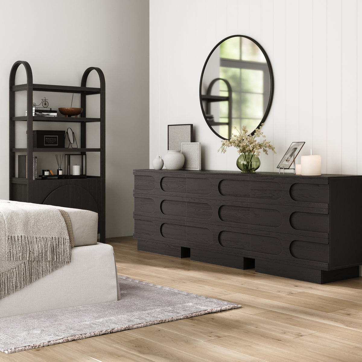Mid-Century 3-Drawer Arched Dresser Black Oak (Set of 3) Mid-Century 3-Drawer Arched Dresser Black Oak (Set of 3)