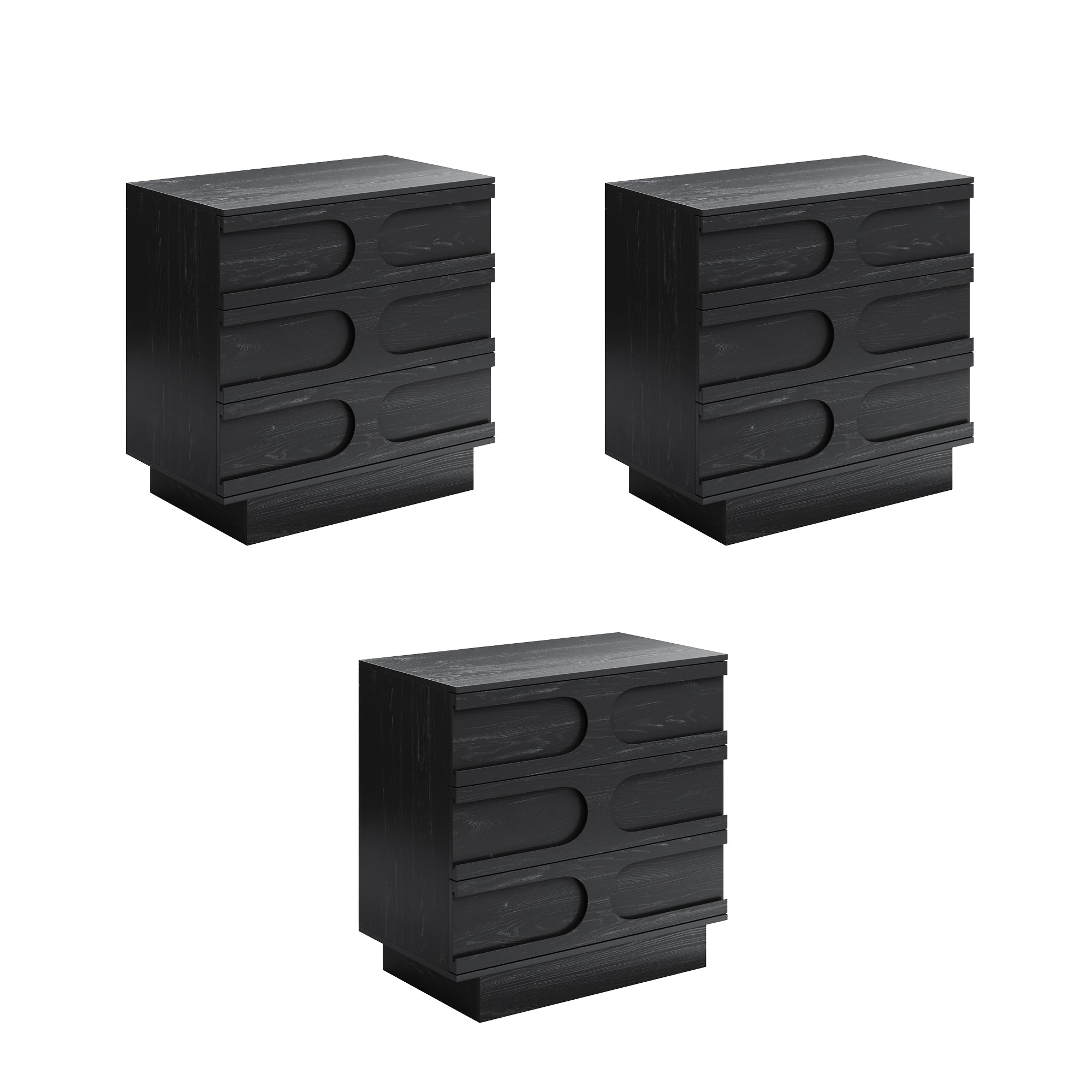 Three identical black wooden nightstands with three drawers each, featuring a modern design with curved, recessed drawer handles, are arranged in a triangle on a white background.