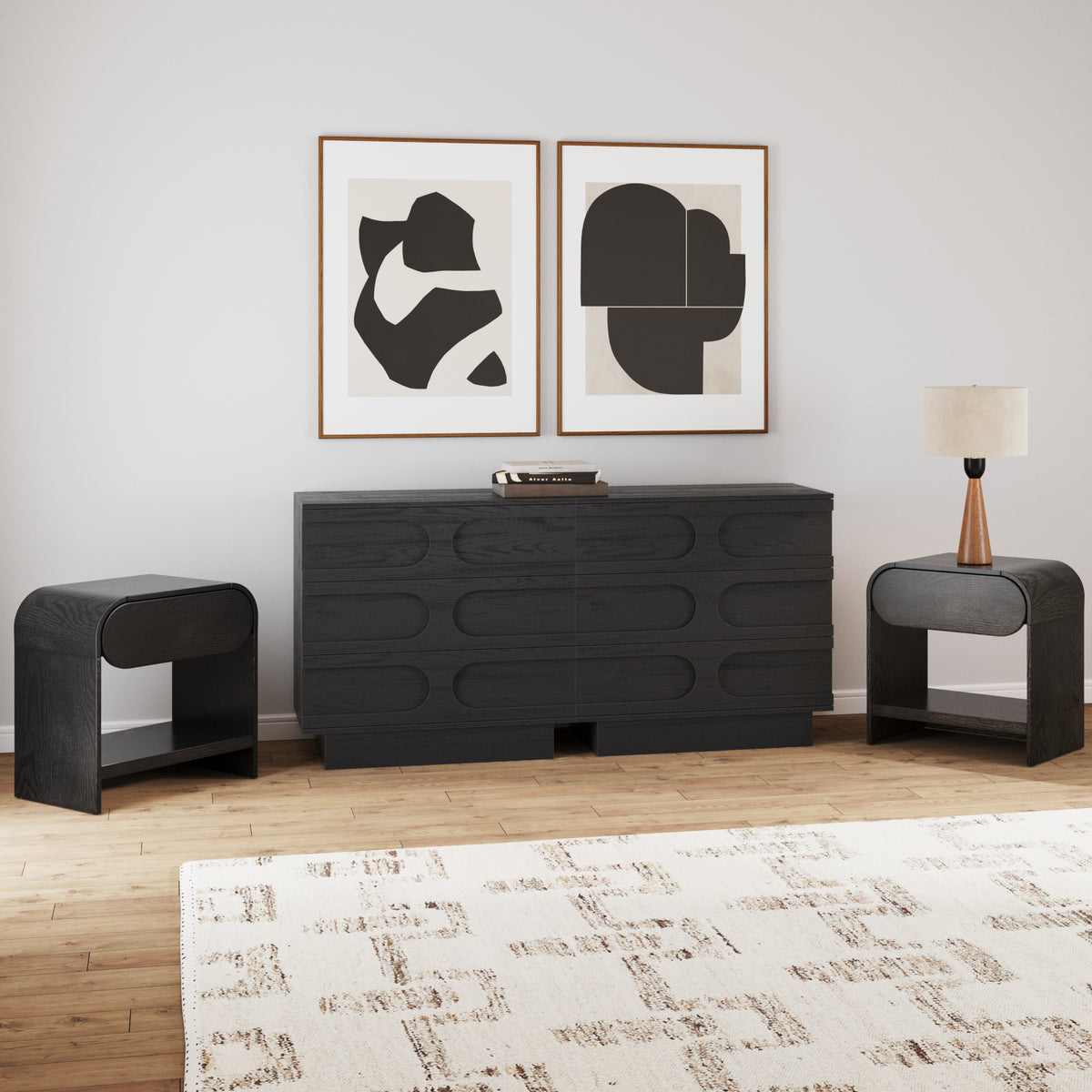 Mid-Century Two Arched Dressers and Nightstands Set Black Oak
