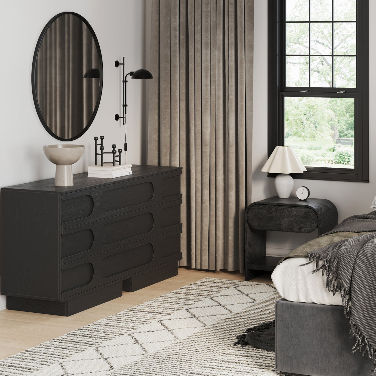 black nightstand and dresser Home Square 3 Piece Bedroom Set with 6 Drawer Double Dresser and Two 2 Drawer Nightstands in Black Woodgrain