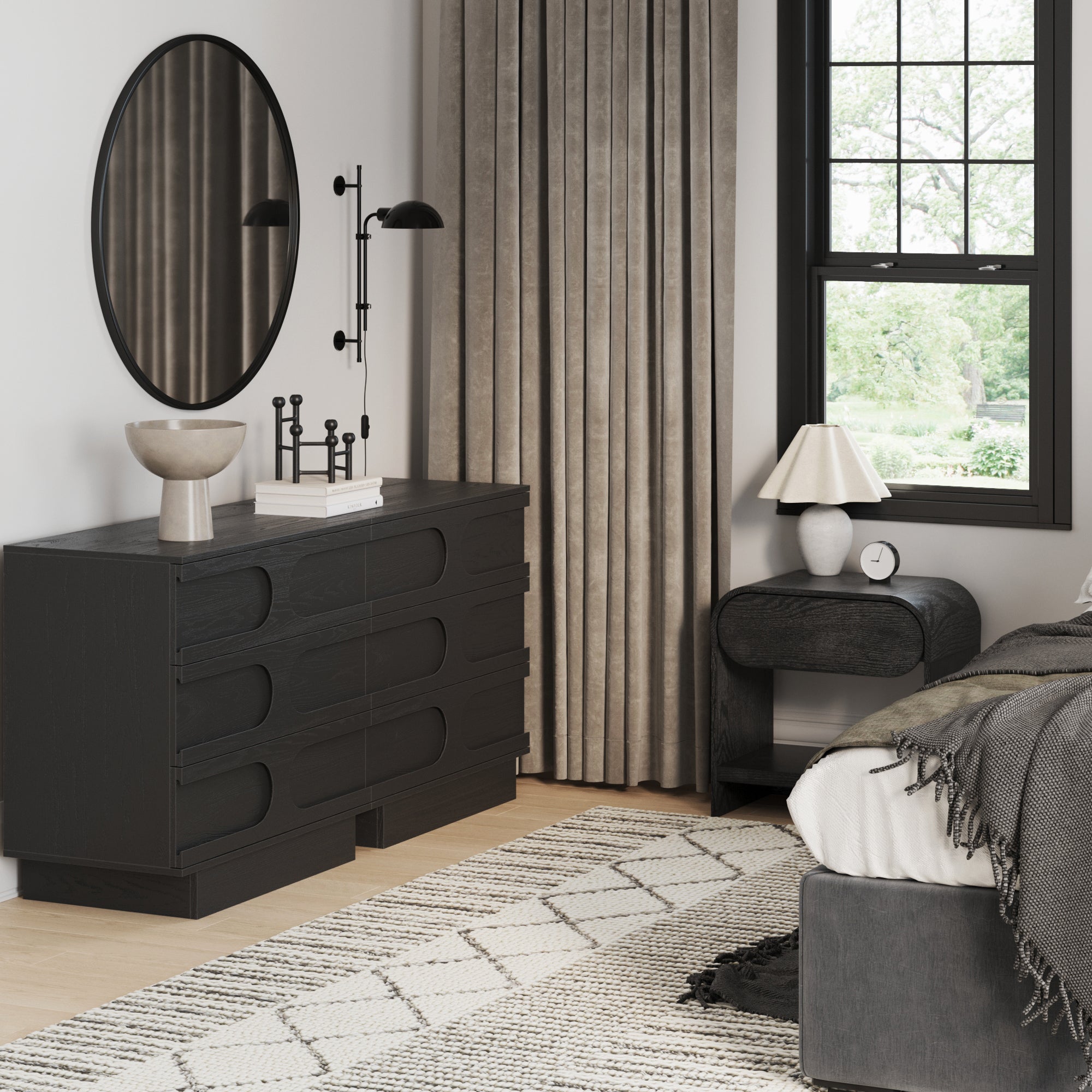 Mid-Century Two Arched Dressers and Nighstands Set Black Oak