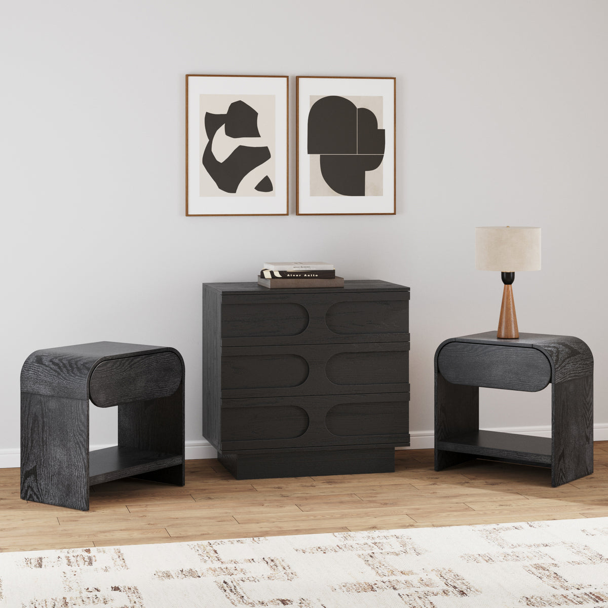 Mid-Century Arched Dresser and Two Nightstands Set Black Oak