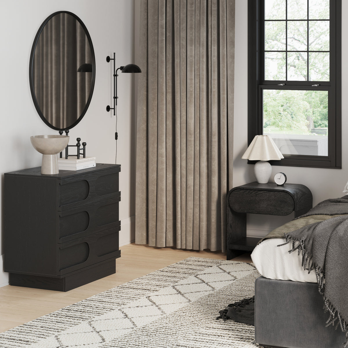 Mid-Century Arched Dresser and Two Nightstands Set Black Oak