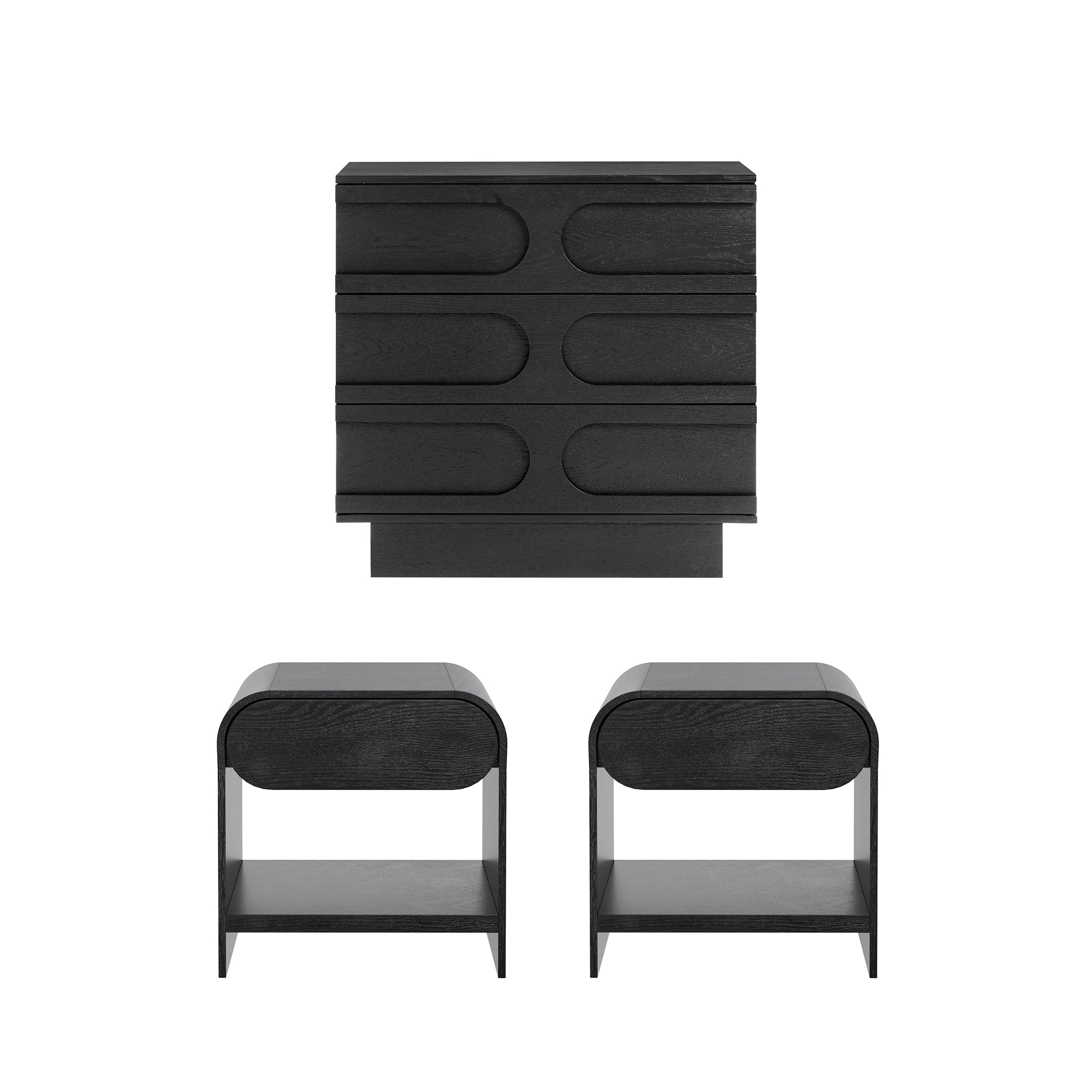 Iris Bedroom Set Dresser & Nightstands Black Oak Arched Set | Nathan J
