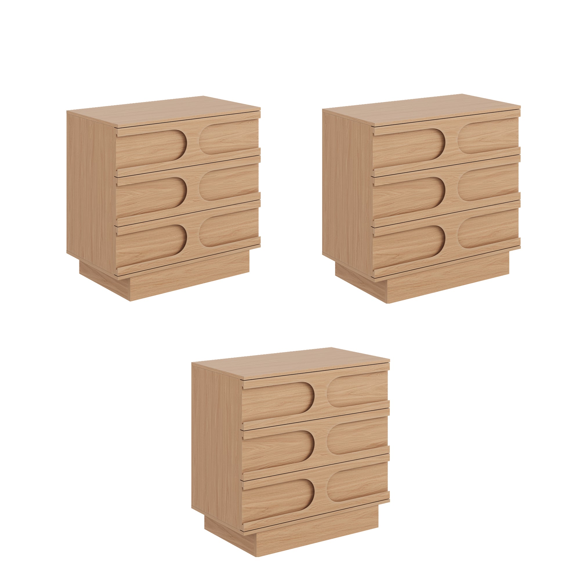 Three identical light wood nightstands with unique curved drawer handles are arranged on a white background. Each nightstand has three drawers with a modern, minimalist design.