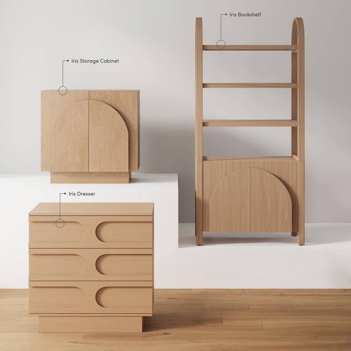 Mid-Century 3-Drawer Arched Dresser Raw Oak (Set of 2)
