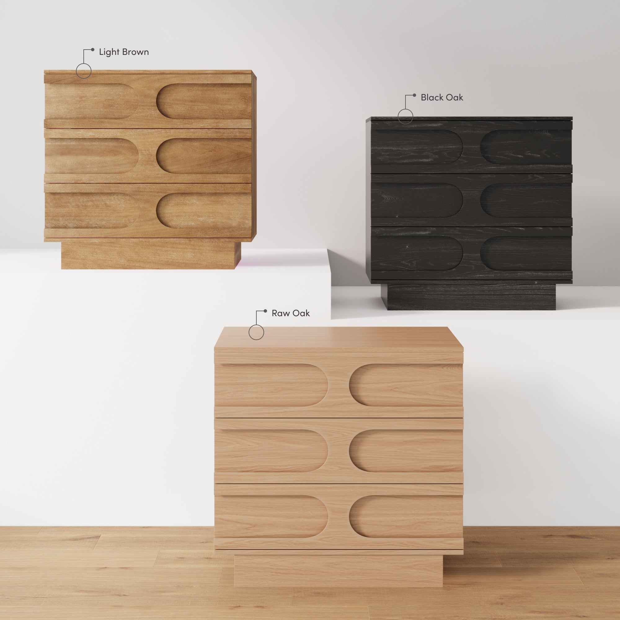 Three modern wooden dressers in different finishes—light brown, black oak, and raw oak—are displayed on white platforms against a simple background, showcasing their minimalist, geometric designs.