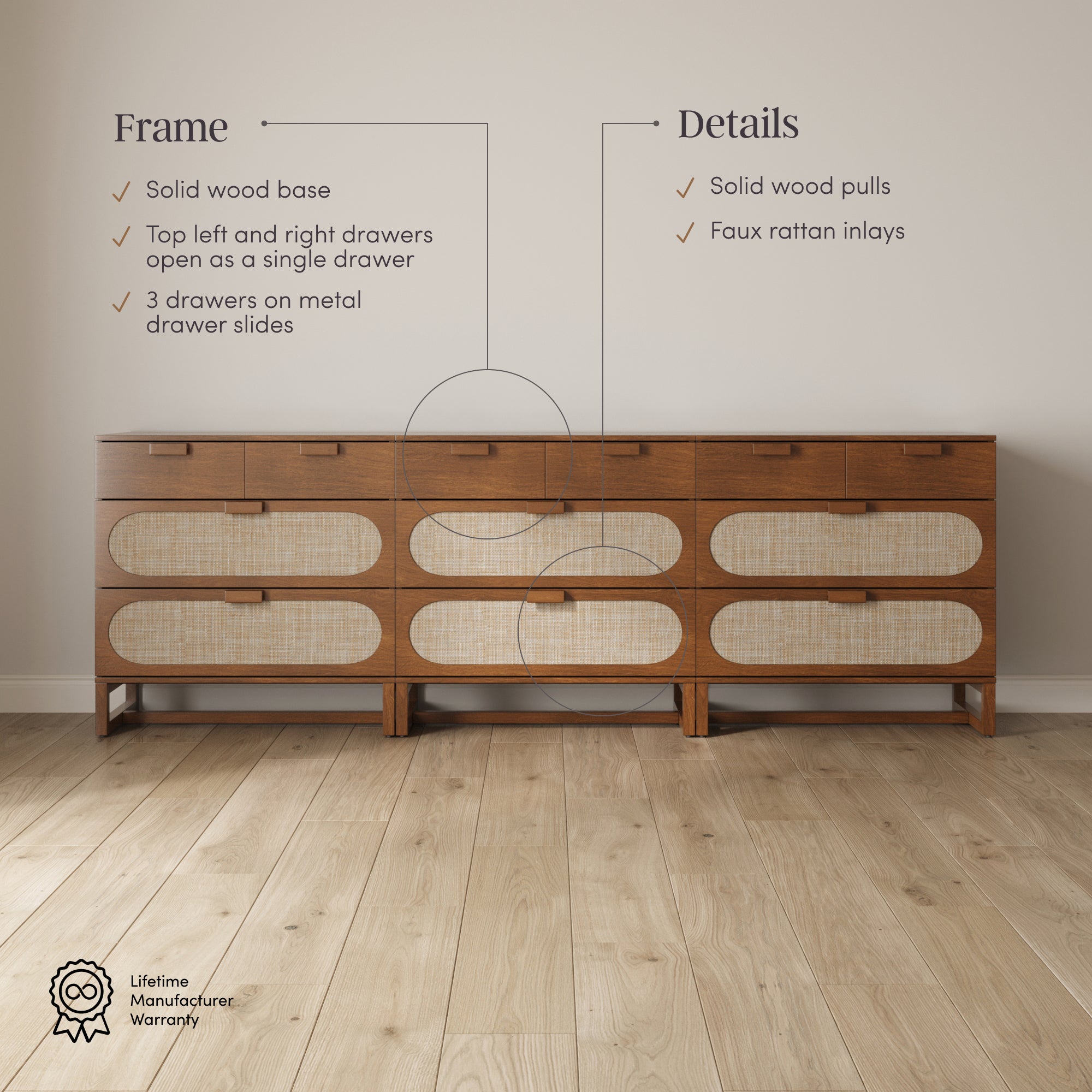 Mid-Century Rattan 3-Drawer Dressers Dark Acacia - Thumbnail 5