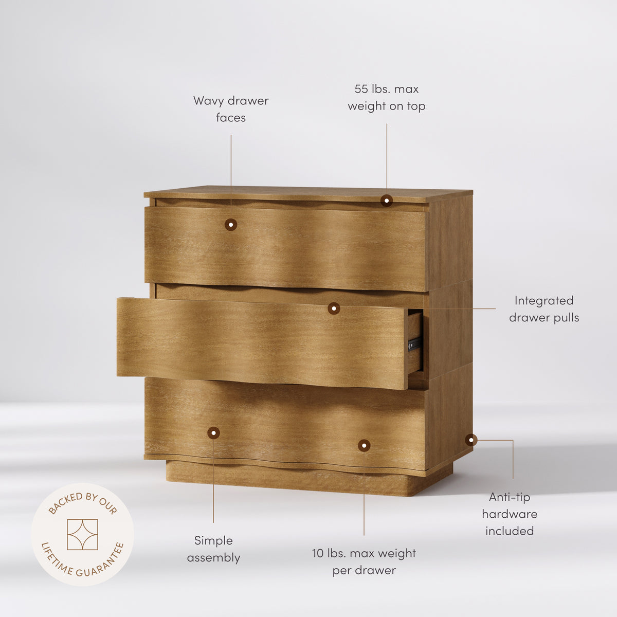 Modern Wood Stackable 3-Drawer Wavy Dresser Light Brown - Nathan James