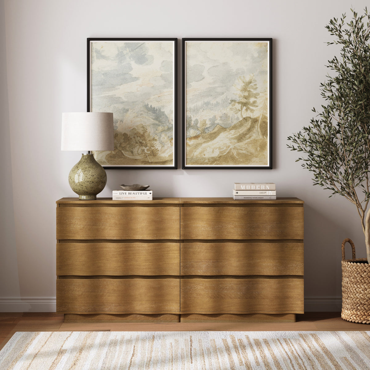 Modern Wood Stackable 6-Drawer Wavy Dresser Light Brown - Nathan James