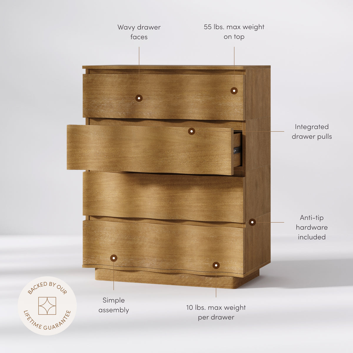 Modern Wood Stackable 4-Drawer Wavy Dresser Light Brown - Nathan James