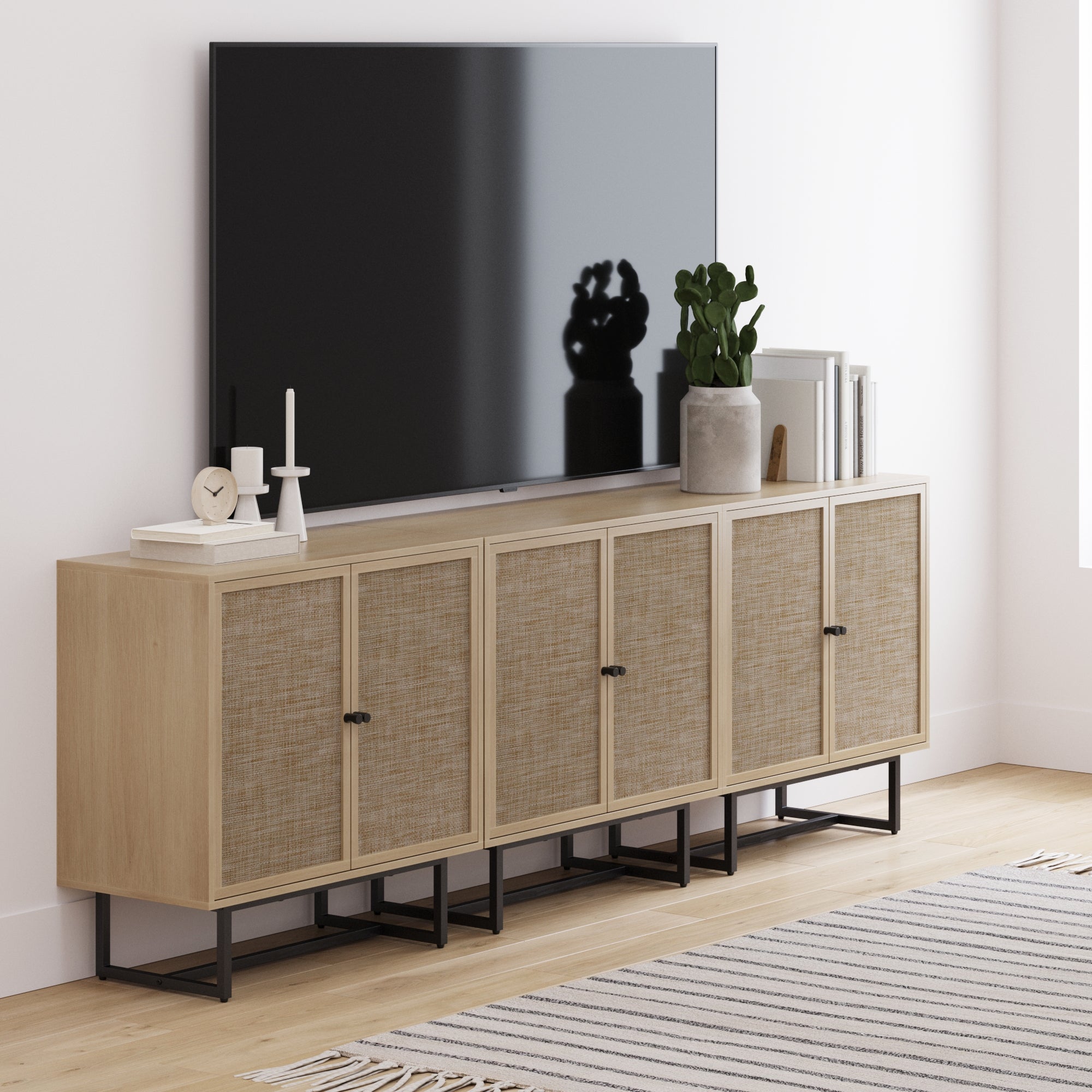 Rattan TV Console Credenza Oak (Set of 3)