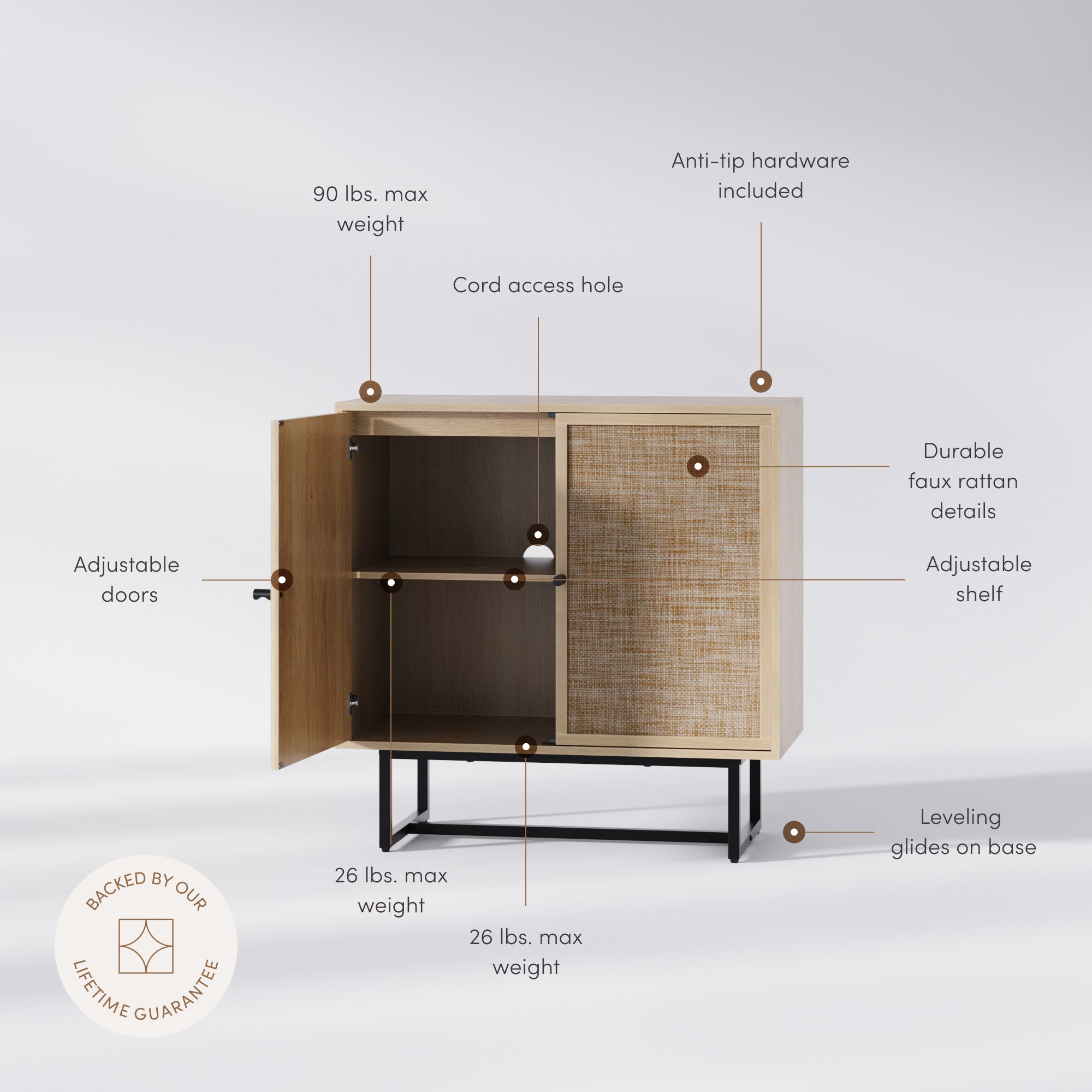 Boho Kova Rattan Wood Light Oak Cabinet Metal Base | Nathan James